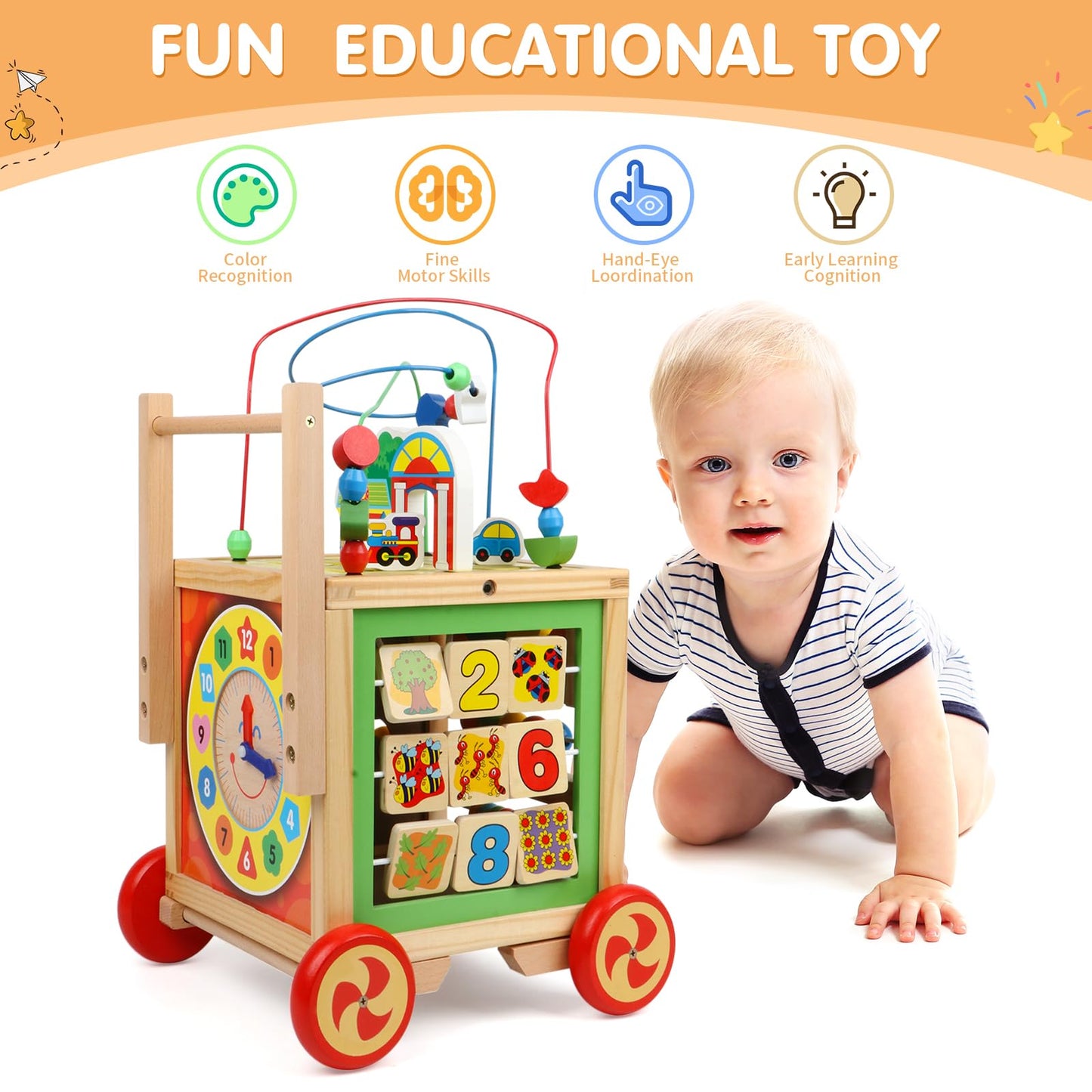 Wooden Activity Cube 6 in 1 Montessori Educational Learning Sensory Toys for 1 Year Old 12-18 Months Boys Girls First Birthday Gifts for Baby Toddler Toys Age 1-2 Bead Maze Shape Sorter Abacus