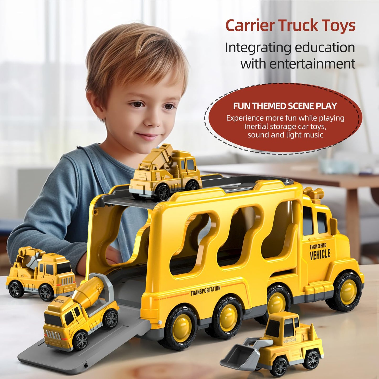 Beby Buty 5 in 1 Construction Trucks Cars Toys for Toddlers 3-5, Boy Toddler Car Truck Toys with Light Sound, Includes Crane, Mixer, Bulldozer & Excavator, Birthday Gifts Toys for 2 3 4 5 Year Boys