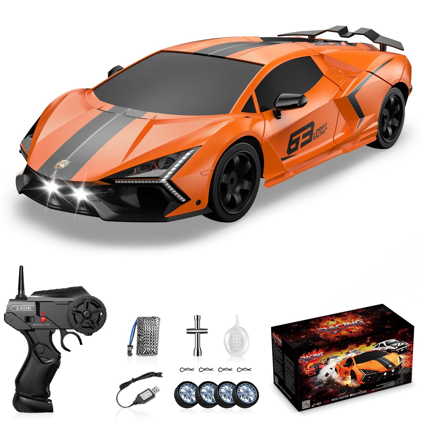 Sakeye RC Drift Car 2.4GHz, Drifting RC Cars 1/24 4WD Drift Car Fast Remote Control Vehicle with LED Lights Rechargeable Battery and Drifting Tires Racing Sport Toy Cars for Adults Boys Girls Kids