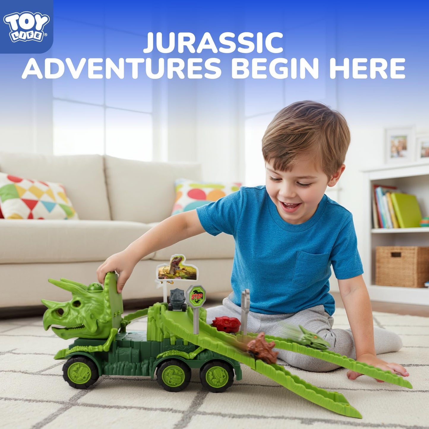 TOY Life Triceratops Dinosaur Truck with Track & Lights & Sounds, Dinosaur Toys for Kids 3-5 Transport Playset with Dino Cars, Fossil & Scene Assembly Toys for 2 3 4 5 Year Old Boys