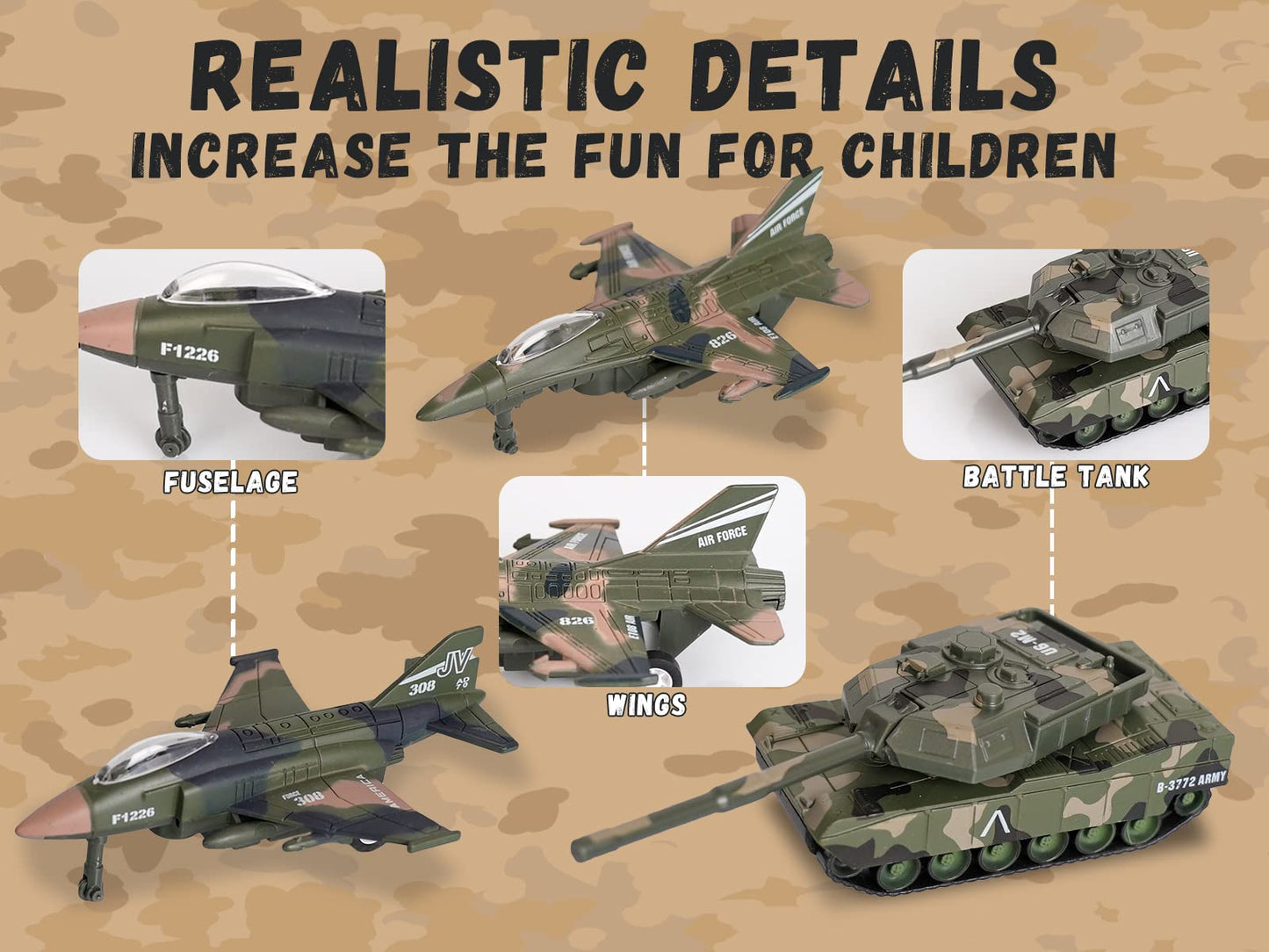 Crelloci 5 Pack Die Cast Fighter Jet Tank Toy, Pull Back Army Toys Vehicle Set, Camouflage Bomber Airplane Tank Vehicles, Military Air Force Playset for Kids Toddlers, Boys Age 3+ (B)