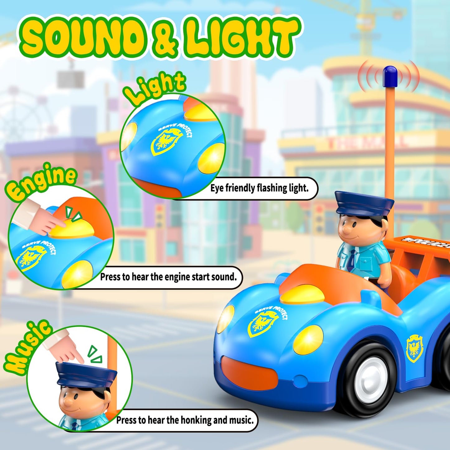 Elovien Remote Control Car for Toddlers, RC Police Car Toys for 2 3 4 5 Year Old Boy, Radio Controlled Cars Ages 2-4 with Lights & Music, First Birthday Gifts for Boys Girls (Blue)