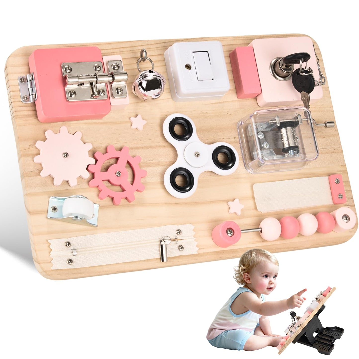 Potatomato Pink Montessori Wooden Busy Board – Sensory Toy for Toddlers – Educational Activity Board for Kids Fine Motor Skills– Travel Fidget Toy for Girls & Boys – Birthday Gift for Autism & ADHD