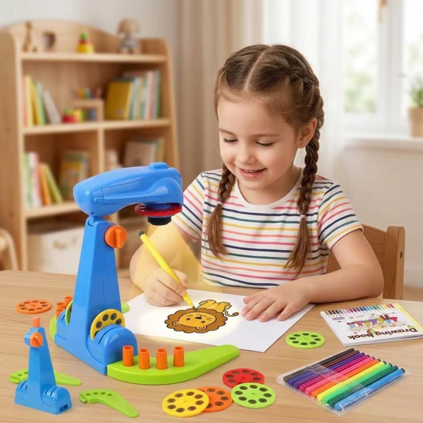 LEERFEI Drawing Projector for Kids–Adjustable Preschool Art Tracing Kit, 4 Discs (32 Diverse Cartoon Patterns), 12 Watercolor pens & 1 Paper Pad. Play-Based Learning Toy for Boys & Girls Ages 3+