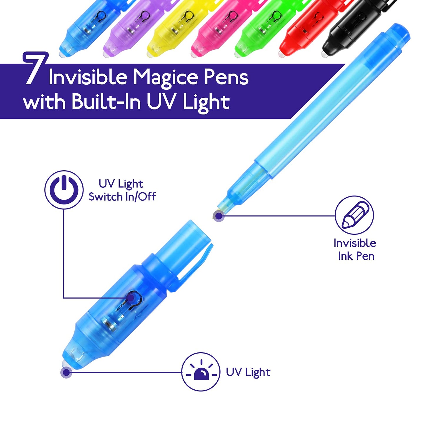 DazSpirit 30 Pack Invisible Ink Pens with UV Light, Classroom Prizes, Treasure Box Fillers, Prize Box Toys, Goodie Bag Stuffers, Spy Party Favors for Kids 8-12, Secret Message Pens