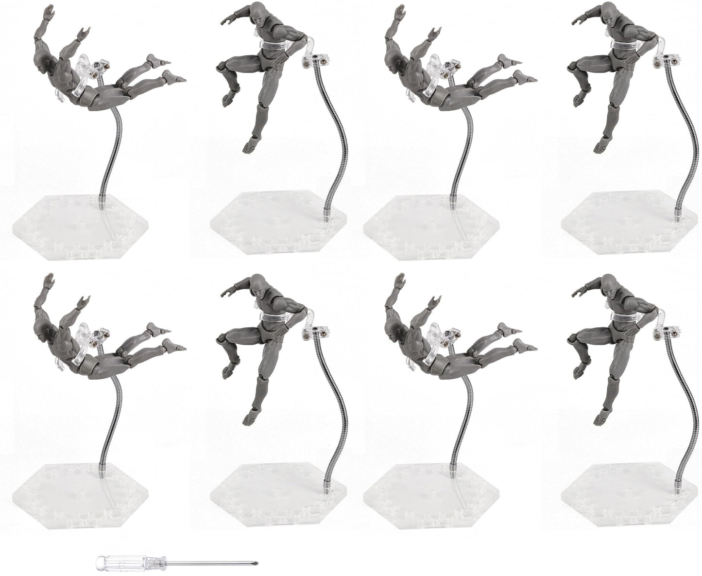 Action Figure Stand with Flexible Metal Arm,Action Figure Pose Display Holder Base,Flight Stands for Action Figures Compatible with HG RG SD SHF Gundam 1/144 Toy with Screwdriver (8Pcs Clear)