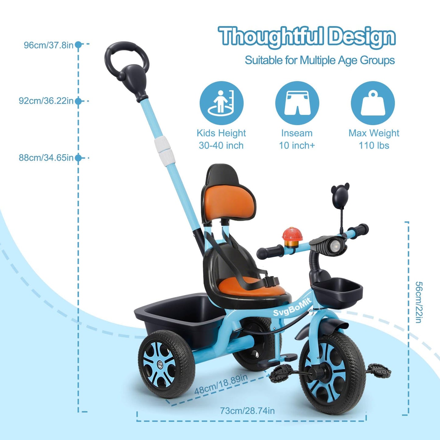 SvgBoMit 2 in 1 Toddler Tricycle with Adjustable Parent Push Handle, Bell, Mirror, Windmill, Floating Belt for Kids, Musical Lights, 3 Wheeled Stroller Gift for Kids 2-5 Years (EVA Wheels) (Red)