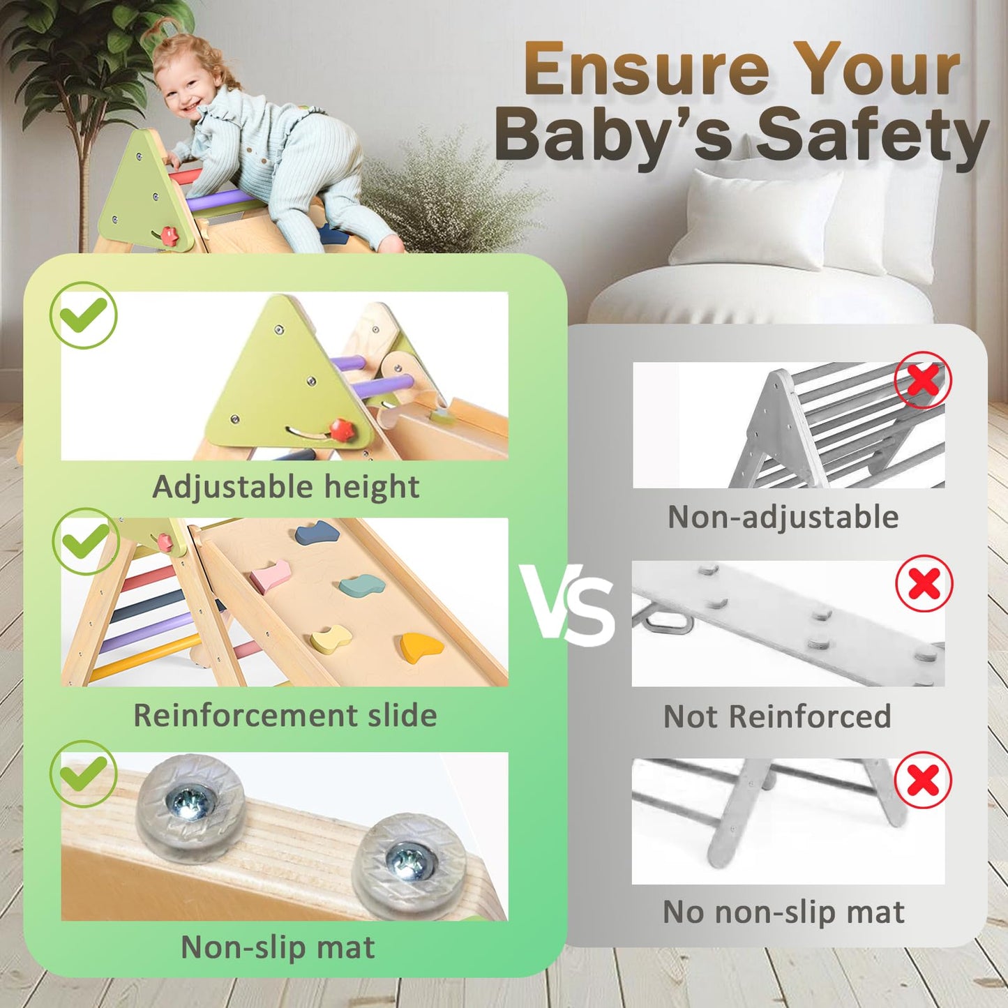 aiwo 7-in-1 Pikler Triangle Set Toddler Climbing Toys Indoor, Montessori Baby Climbing Gym, Climbing Set for Toddlers 1-3 Jungle Gym-Extra Thick