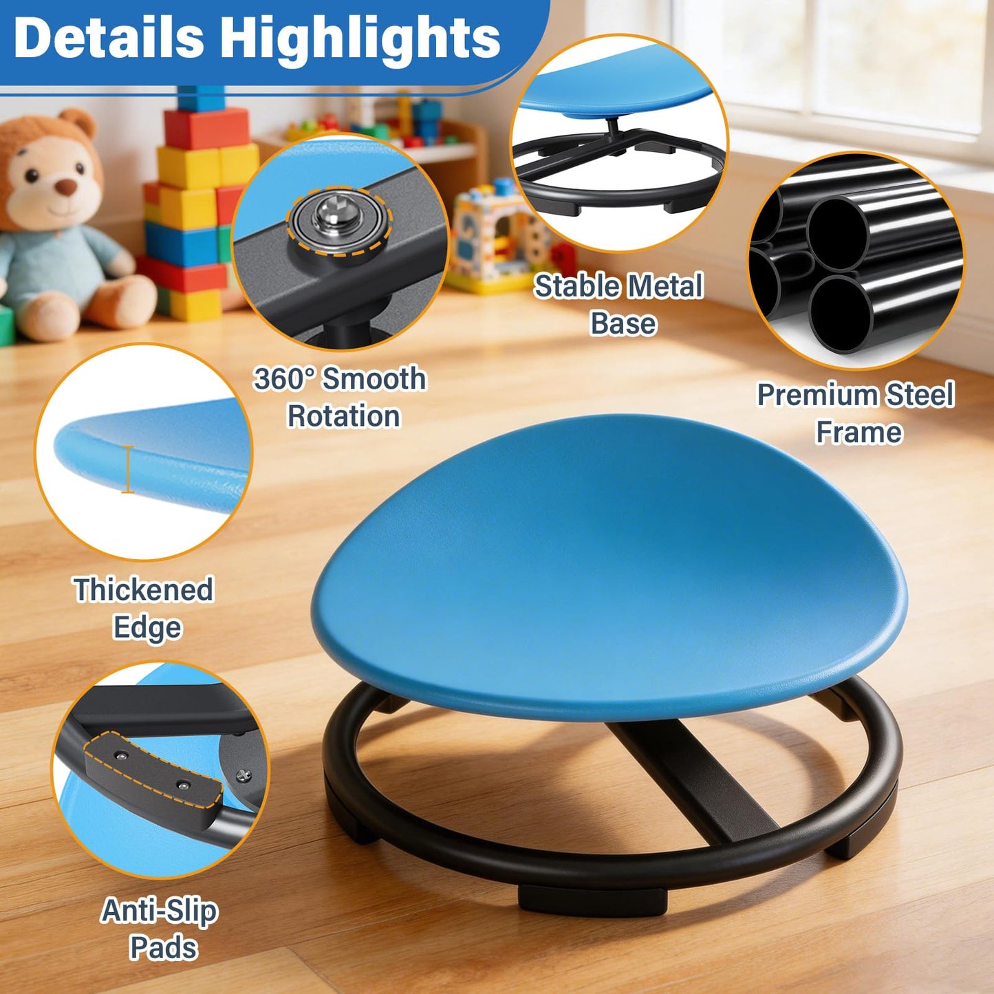 Bellunion Spinning Chair for Autistic Kids, Sensory Swivel Chair with 360° Rotation, 220LBS Capacity, Non-Slip Base, Sit and Spin Toy for Children with ADHD, Balance and Coordination (Blue)
