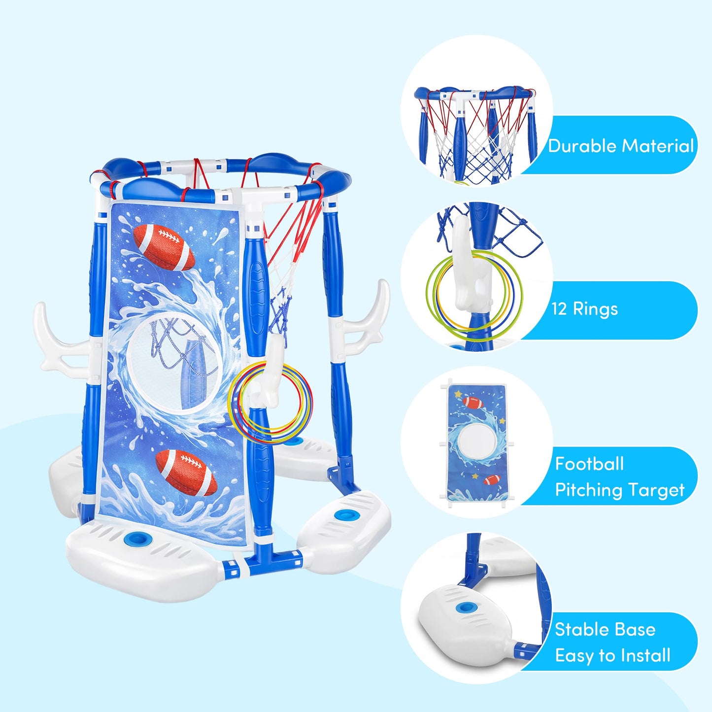 PJG Pool Basketball Hoop, 3-in-1 Floating Poolside Basketball Ring Game Football for Kids Ages 3-12, Outdoor Summer Swimming Pool Party Water Toy for Family Adults Boys Grils Birthday Gift (Blue)