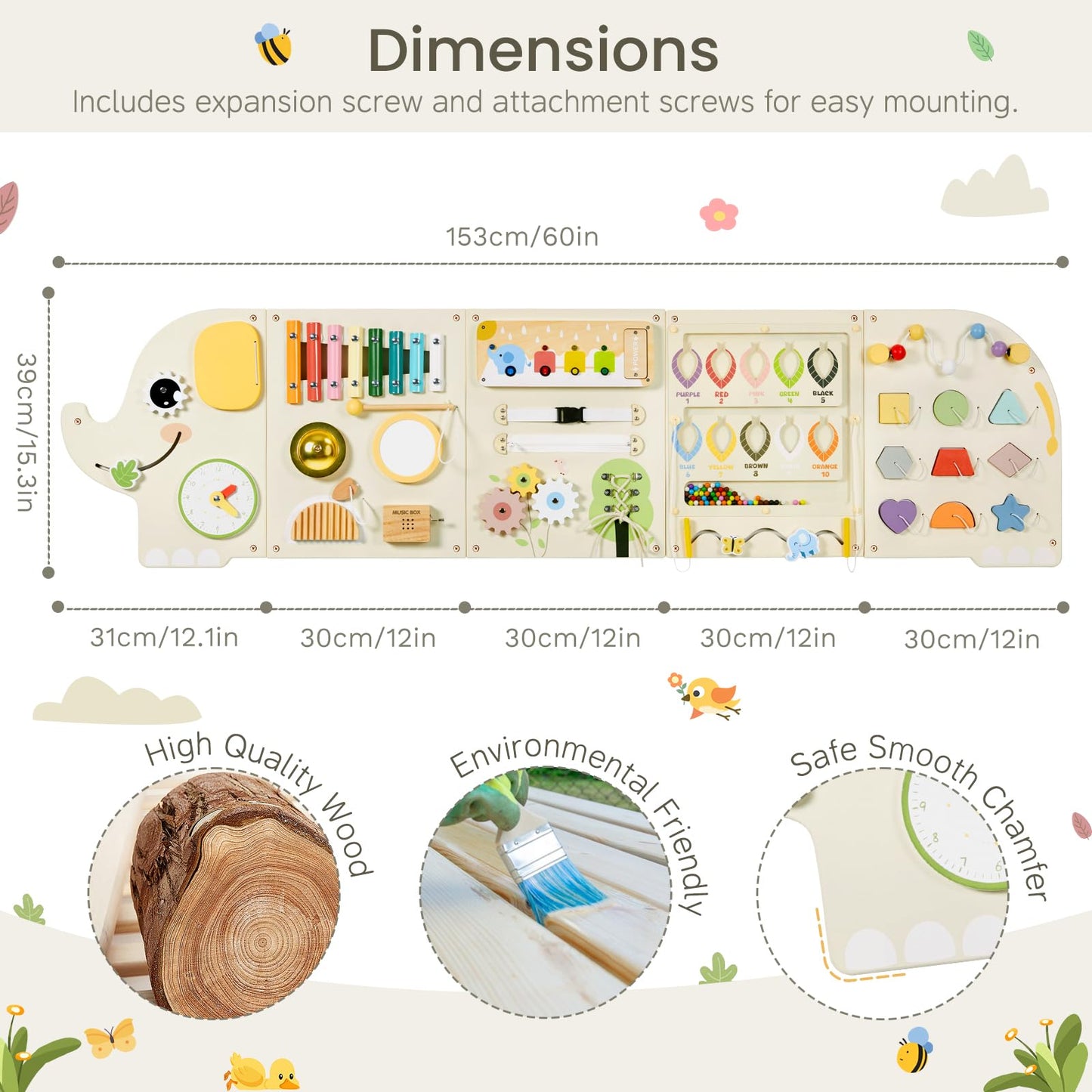 Elephant Activity Wall Busy Board Panels,Wooden Montessori Learning Activity Center Sensory Toys Wooden Sensory Wall Panel for Kids Ideal Furniture for Playroom Daycare Dentist Waiting Room Nursery