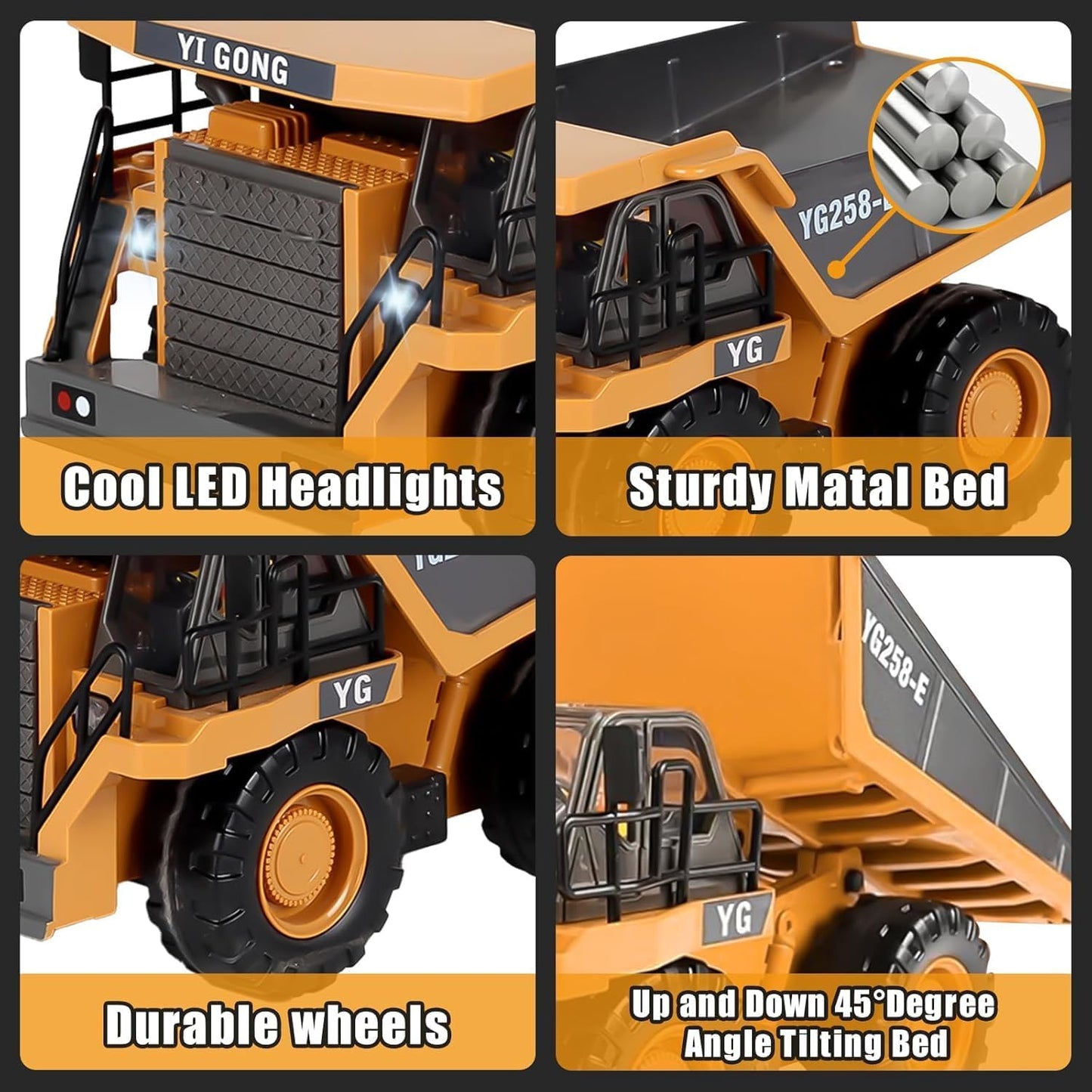 ADTHLIER Remote Control Excavator (11-Channel), Dump Truck, Bulldozer, Loader (9-Channel), 2.4GHz Remote Control Construction Vehicles, Metal Construction, with Cool Lights and Sound Effects, 4-Pcs