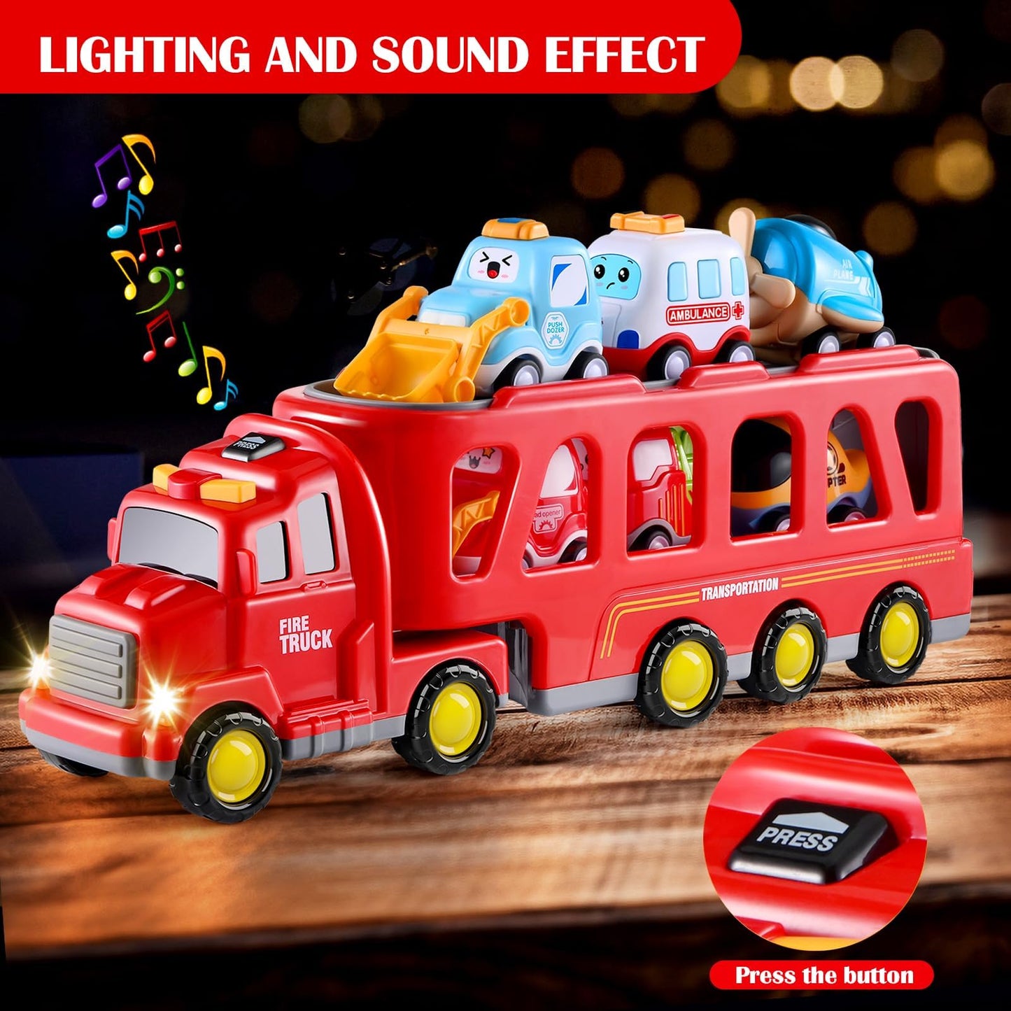 Fire Toy for Boys and Girls Aged 3 4 5 6 Years - 7-in-1 Transport Trolley for Toddlers from 1 to 3 Years, Christmas and Birthday Gifts - Age 3 to 9 Years
