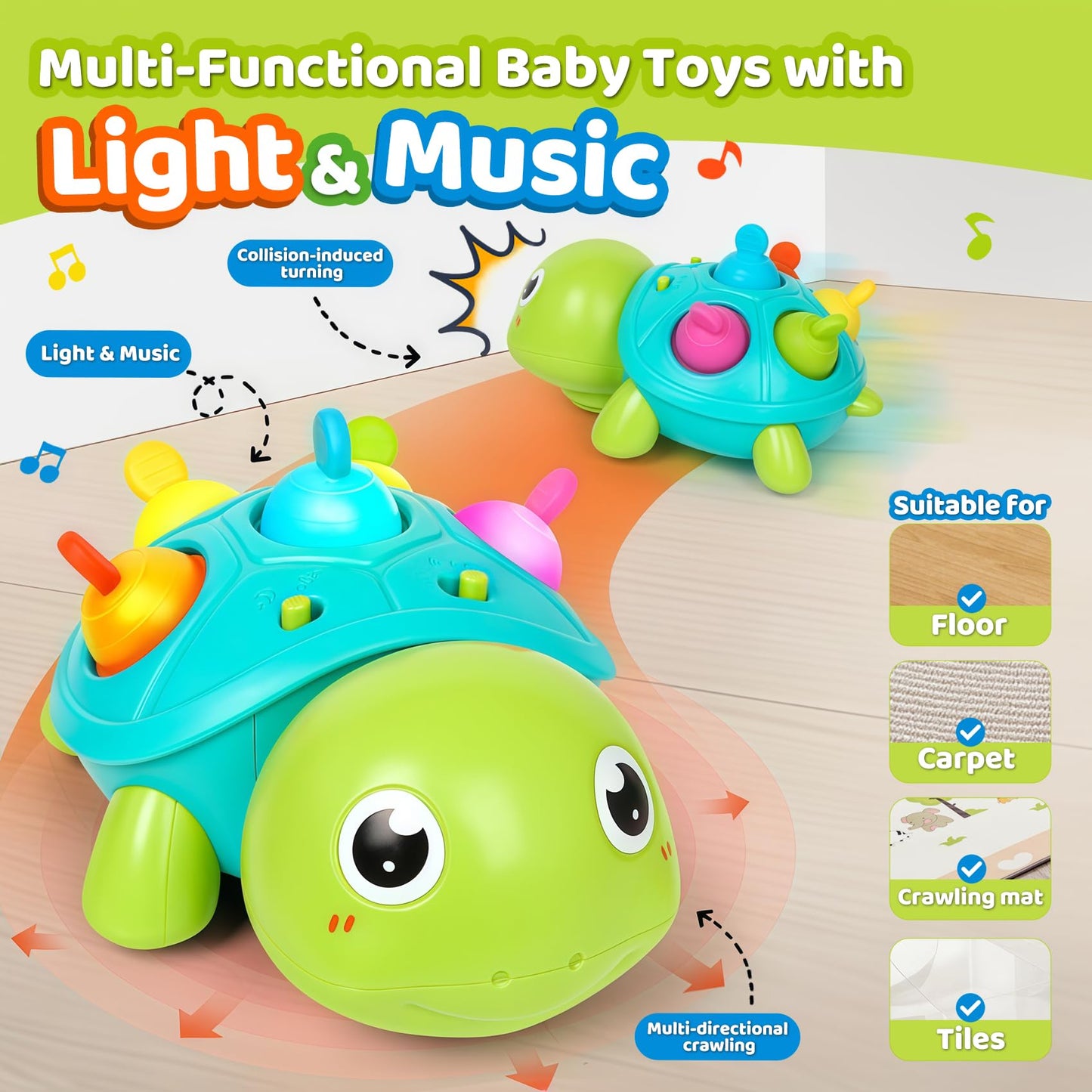 TSYAN Baby Toys 6-12Months, Musical Turtle Crawling Infant Toys, Tummy Time & Infant Toys with Light & Sound,Early Learning Educational Toy Christmas Birthday Gifts for Boys Girls 0-1 Years Old