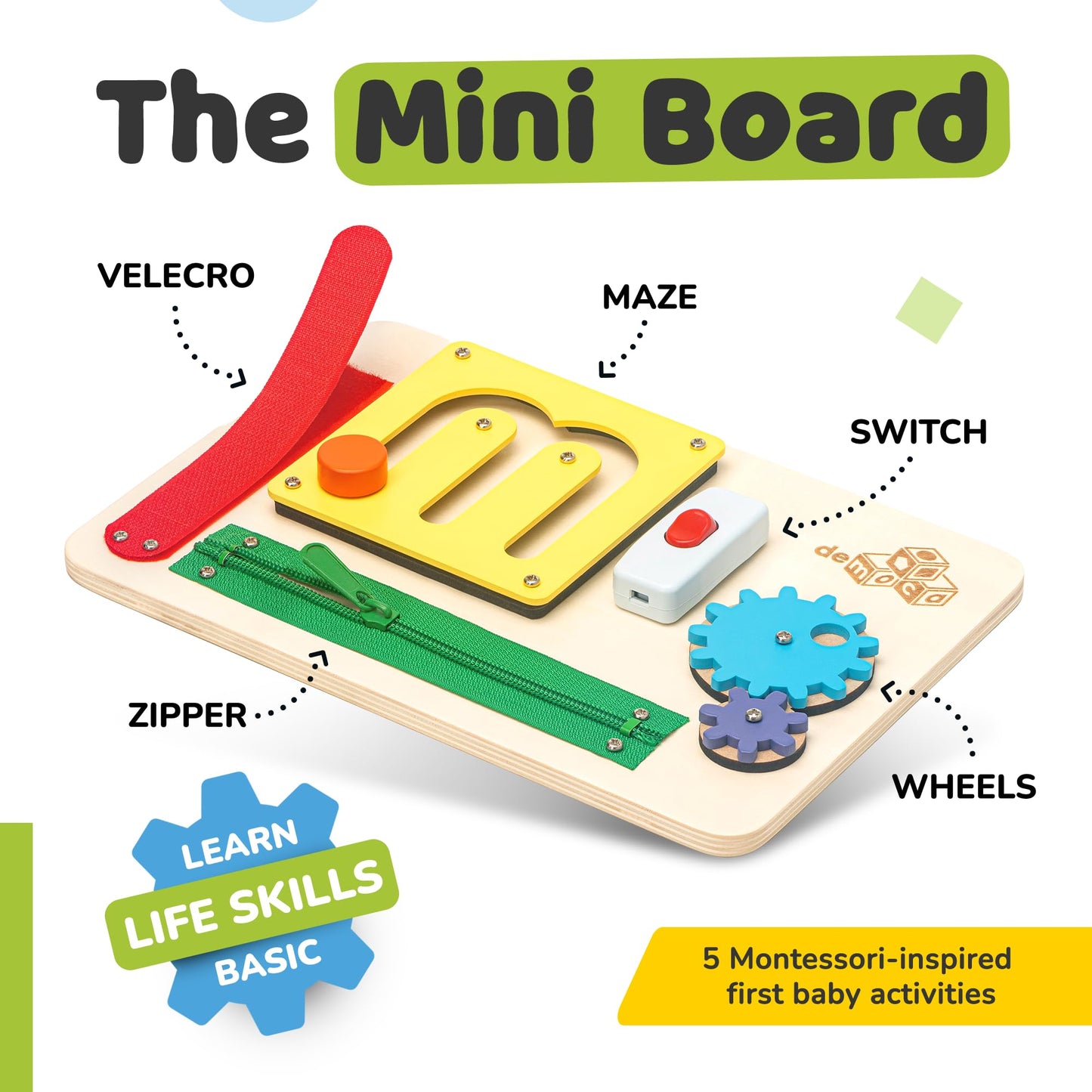 deMoca Sensory Busy Board for 1 Year Old, Travel Wooden Montessori Busy Board for Toddlers 1–3, Switch and Fidget Activity Board for Early Motor Skills and Travel Play