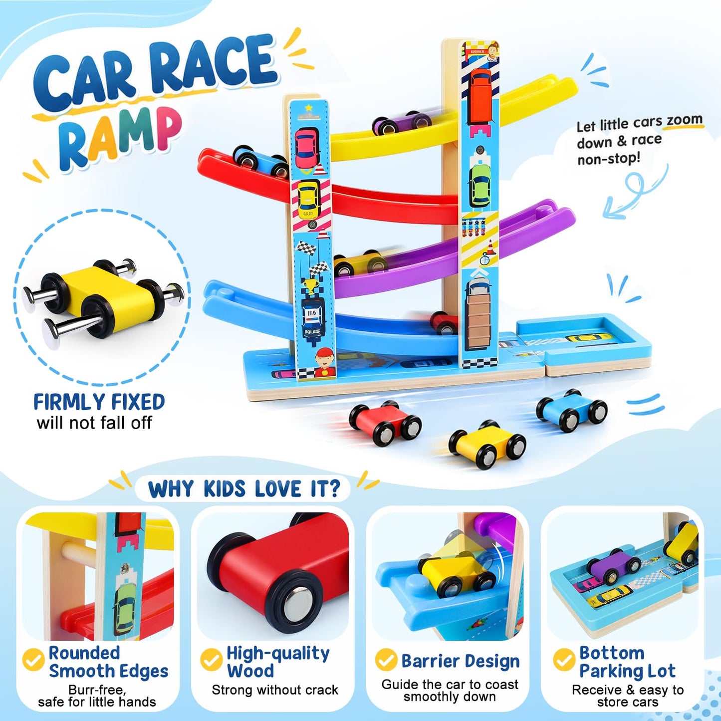 Montessori Toys for Toddlers, Children Race Track Toy with 4 Cars and 1 Wooden Parking Lot, Stable Base, Car Ramp Toy for 1 2 3 Year Old Boy Girl Gifts