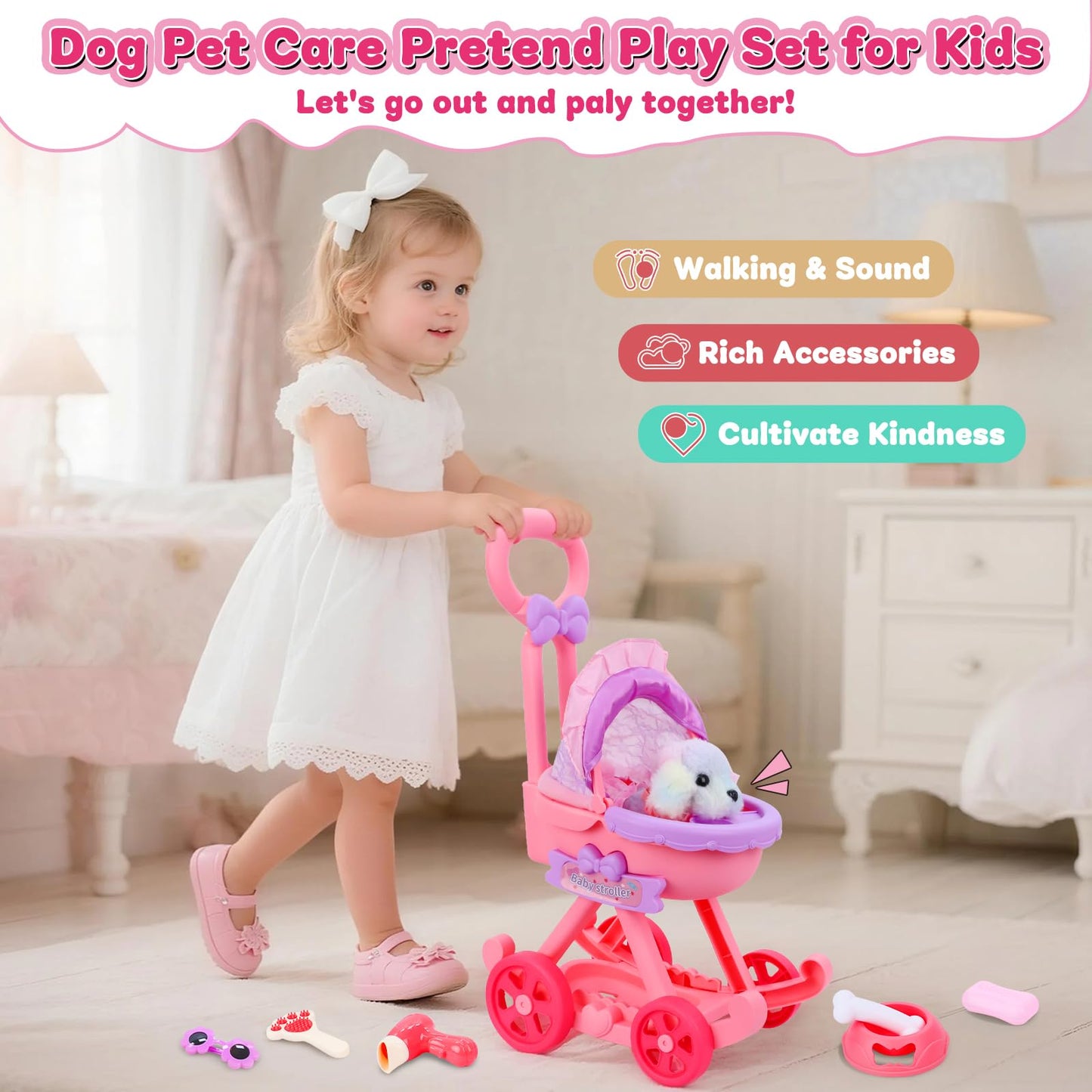 Learn2M 13Pcs Dog Toys for Kids Girls, Pretend Puppy Stroller Playset for Toddler, Electronic Interactive Walking Barking Dog Toy, Pet Care & Feeding Accessories Birthday Gifts for Little Girl 3 4 5 6
