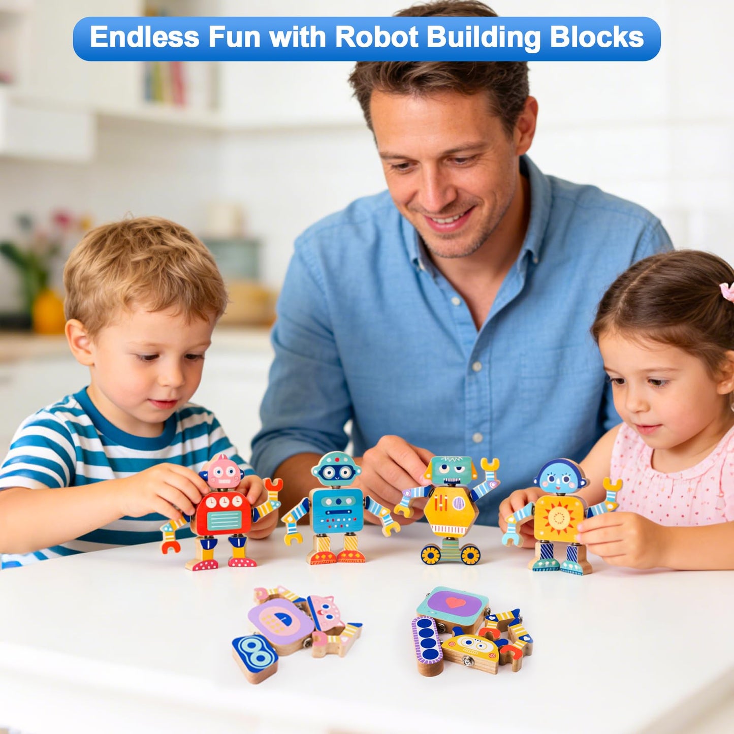 Wooden Snap-Together Robot Building Block Set, Montessori STEM Take-Apart Toy, 33-Piece Fine Motor Skills Learning Toy with Poseable Limbs for Different Robot Poses,for Kids Ages 3-6 with Storage Bag