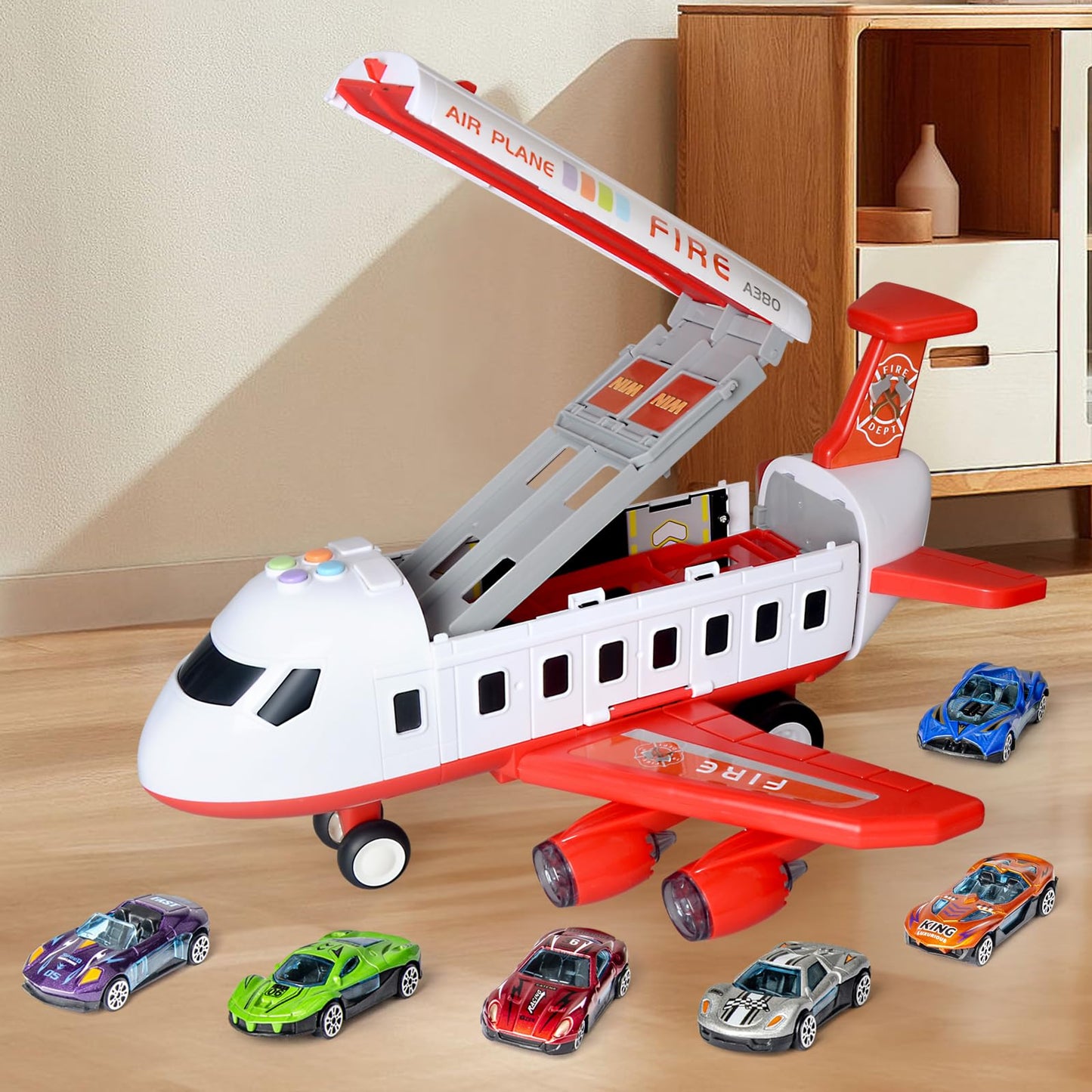 Cmartlarge Airplane Toy with 4 Layer Foldable Race Track, Transport Carrier Plane with 6 Race Cars, LED Lights & Sounds, Toddlers Toys Birthday for 3 4 5 6+ Years Old Boys Girls