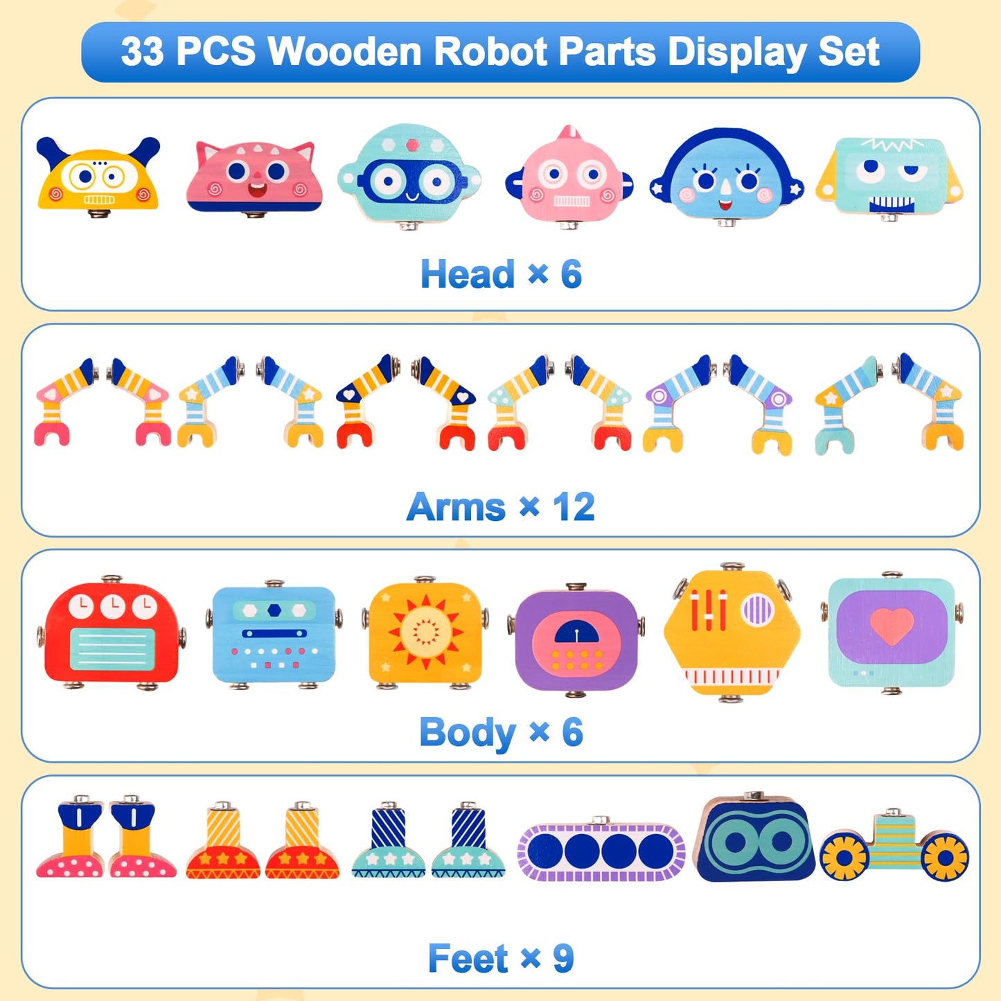Wooden Snap-Together Robot Building Block Set, Montessori STEM Take-Apart Toy, 33-Piece Fine Motor Skills Learning Toy with Poseable Limbs for Different Robot Poses,for Kids Ages 3-6 with Storage Bag