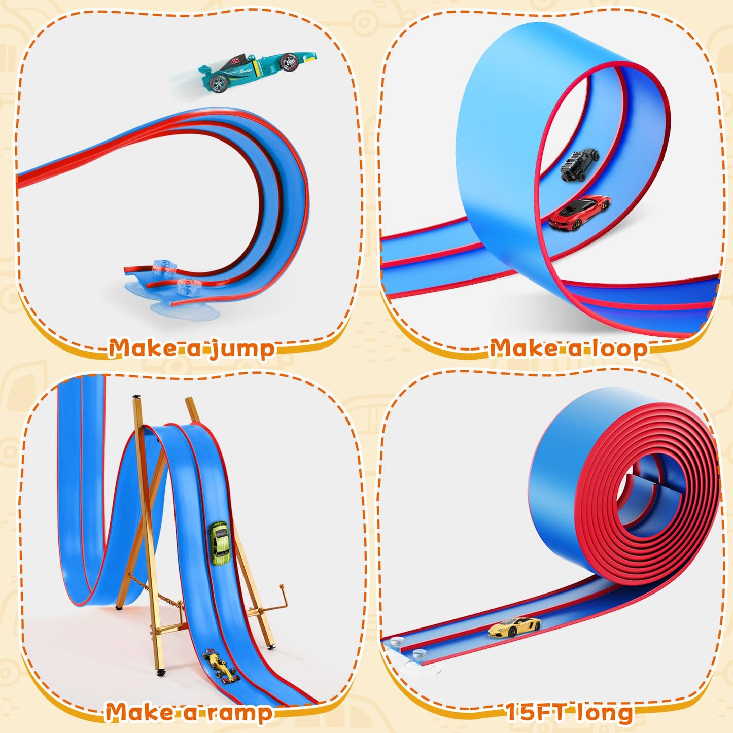 15 Ft Flexible Race Track for Kids – Portable Car Race Track Starter Set with Suction Cups, Rolls Up Easy, Compatible with 1/64 Diecast Cars, Birthday Gift for Boys & Girls Ages 3+ (Blue&Red)