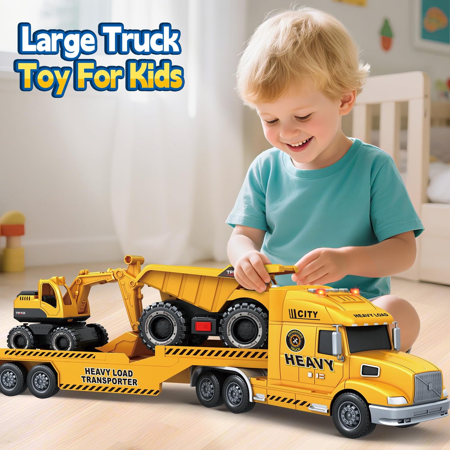 Bstoyder Toddler Boy Toys for 3 4 5 6 7 Years Kids, 27" Semi Construction Carrier Truck Toy with Excavator and Dump Truck, Friction Powered Toys with Lights and Sounds, Birthday for Boy Girls