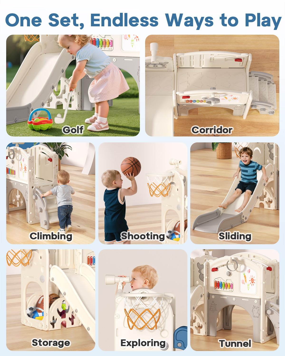 BIERUM Toddler Slide Set, 13 in 1 Kids Indoor Slide for Toddler 1-3, Indoor Outdoor Toddler Slide Playset with Basketball Hoop, Golf Game & Drawing Board, Baby Indoor Slide Playground, Cream&Gray