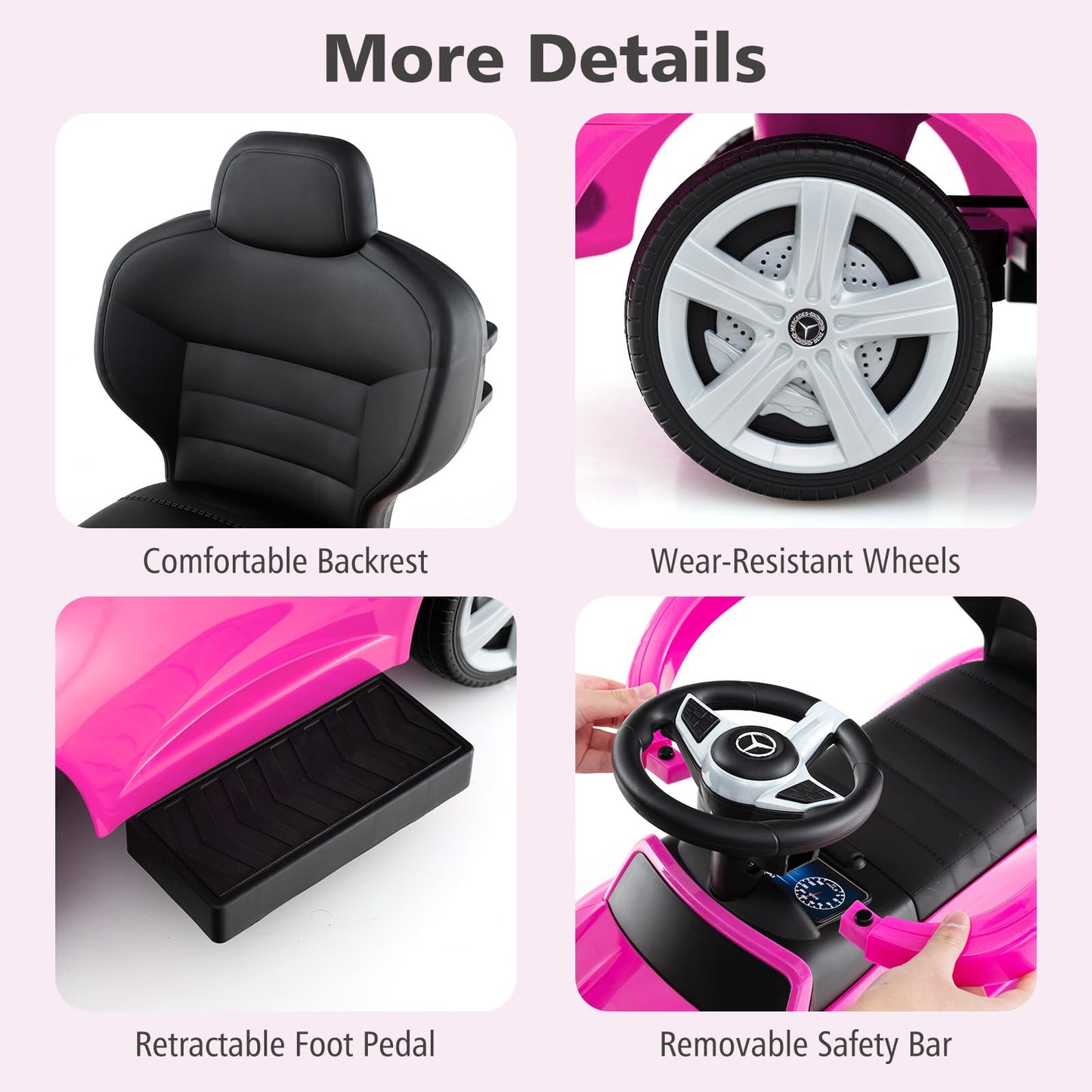 Licensed Mercedes Benz Push Car for Toddlers by INFANS, 3 in 1 Sliding Walking Car with Push Handle, Horn, Music, Underneath Storage, Foot-to-Floor Ride on Toys for Boys Girls, Pink