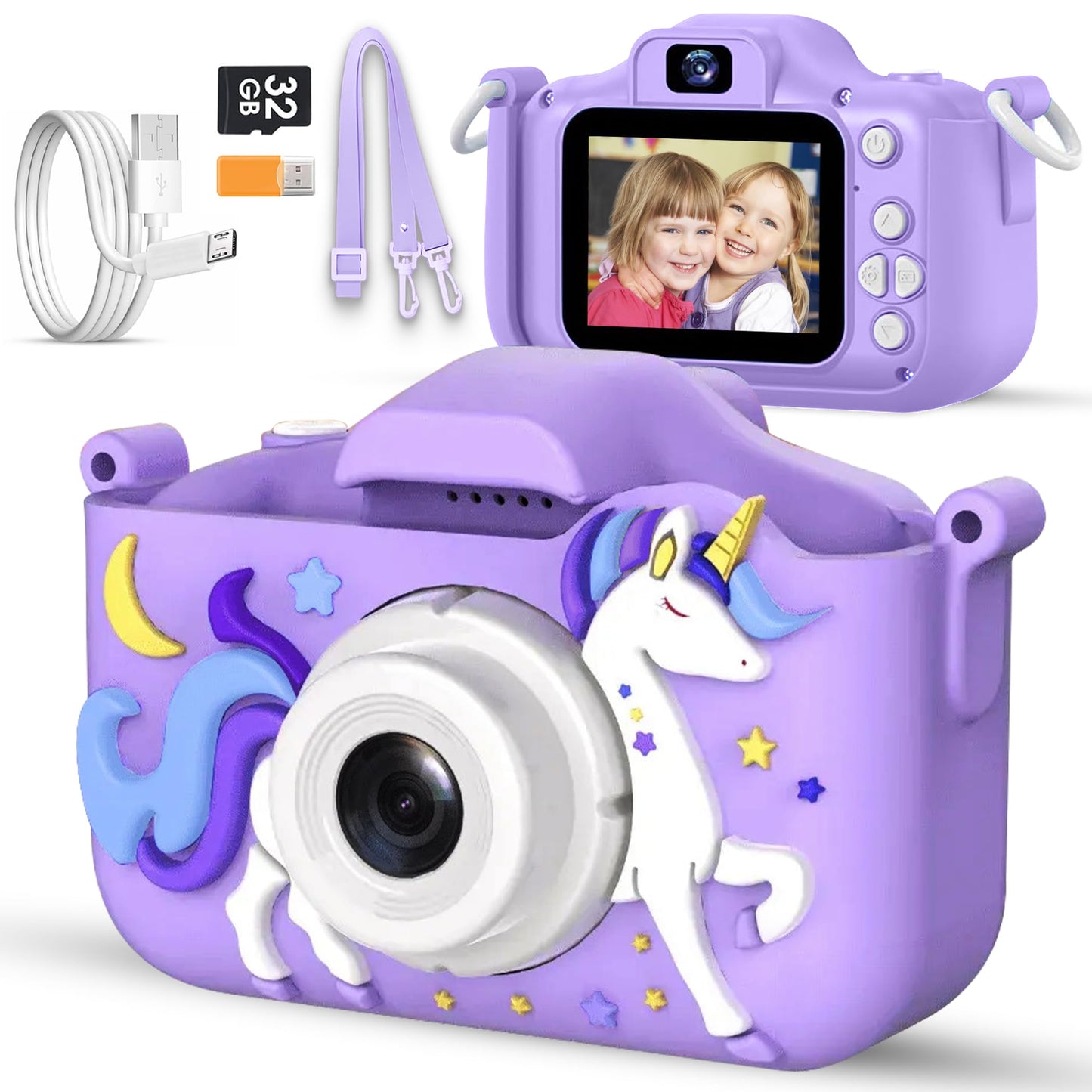 Unicorn Kids Camera for Girls Age 3-12, Selfie Camera for Girls 1080P HD Kids Video Camera – Christmas Birthday Toy for 3 4 5 6 7 8 Year Old Digital Camera for Toddlers with 32GB SD Card – Purple