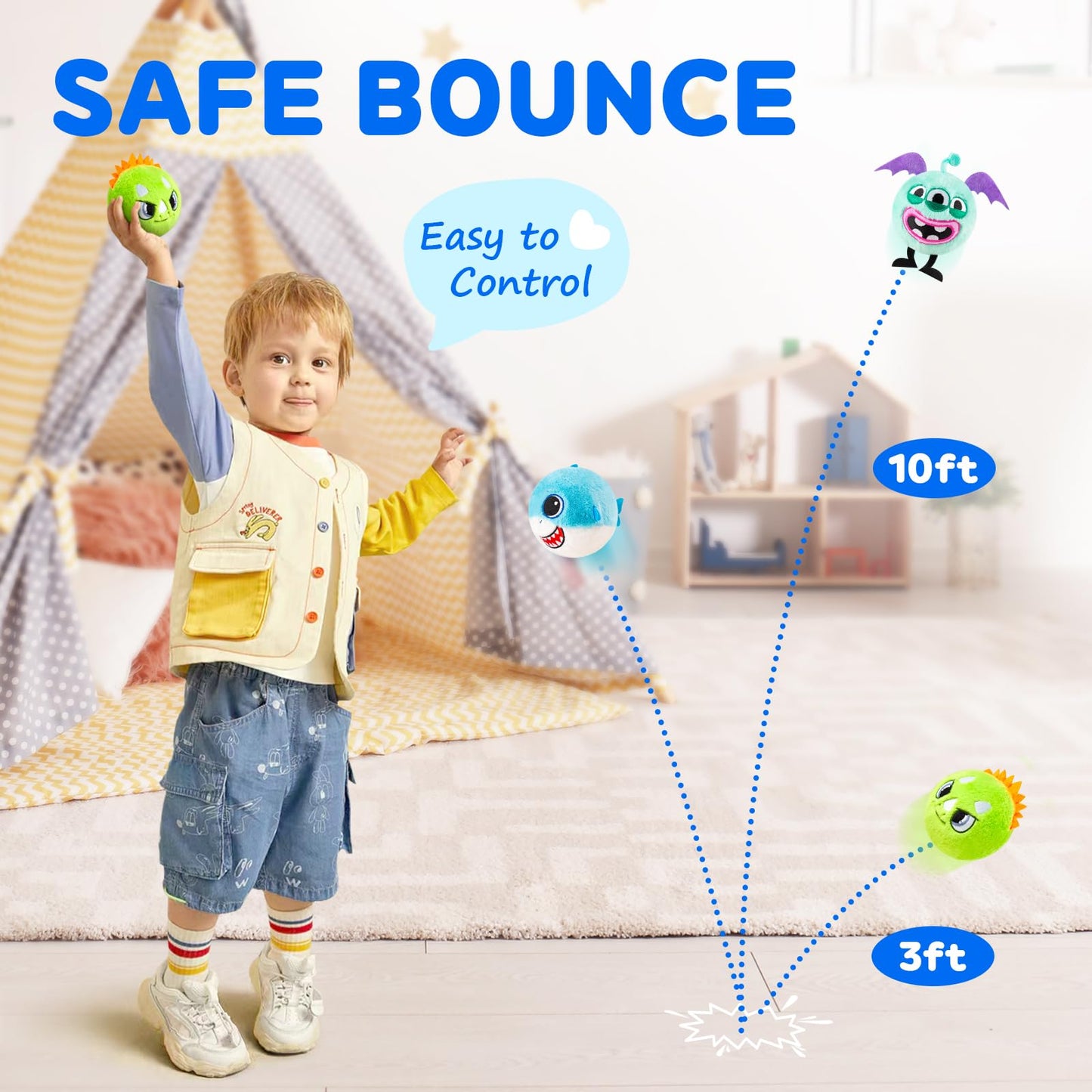 PlayZap Bouncy Balls 3" Big with Stuffed Animal 3 Pack - Soft Balls for Toddlers & Babies Plush Cover BPA-Free, Sensory Toys - Cute Bunny Shark Unicorn Design Ideal Gifts for Boys Girls