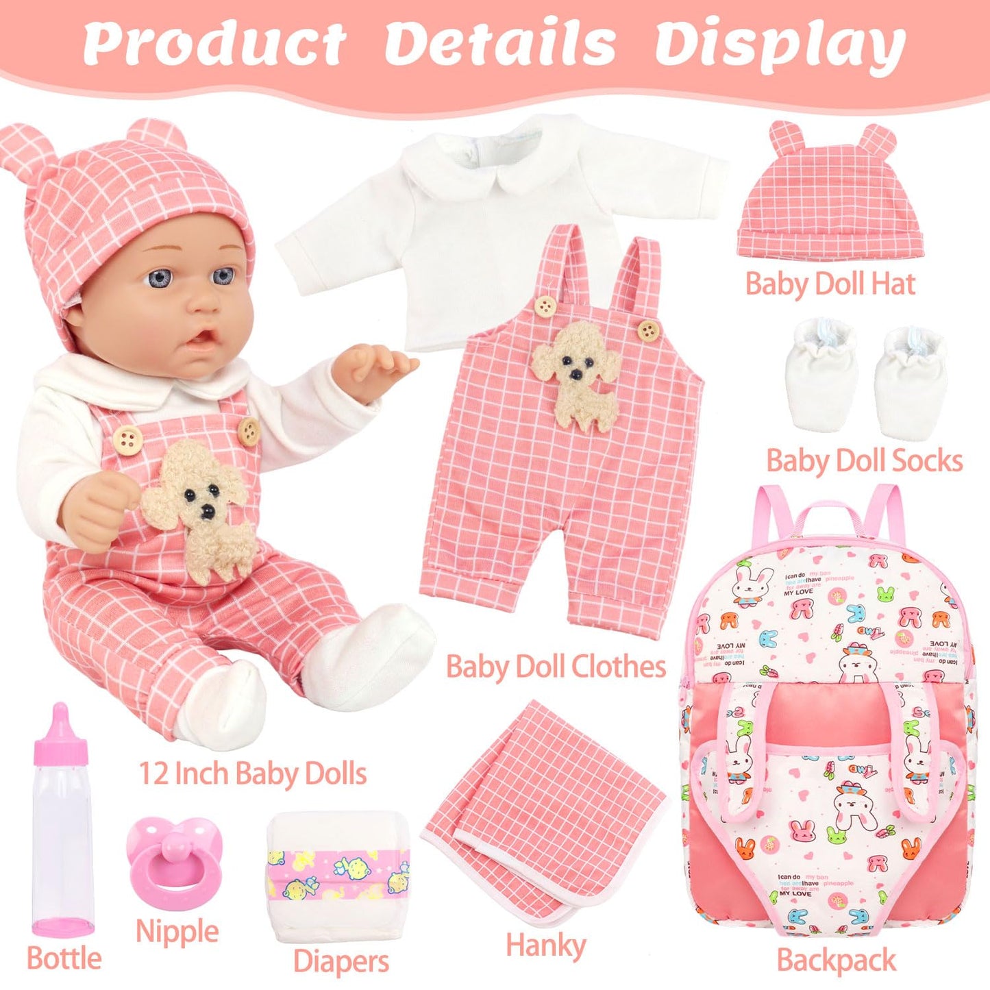 UNICORN ELEMENT 12" Baby Dolls with Backpack Carrier,12 Inch Baby Doll Accessories Cute Hat Pacifier Bottle Diaper Doll Playset for 3+ Year Old Kids