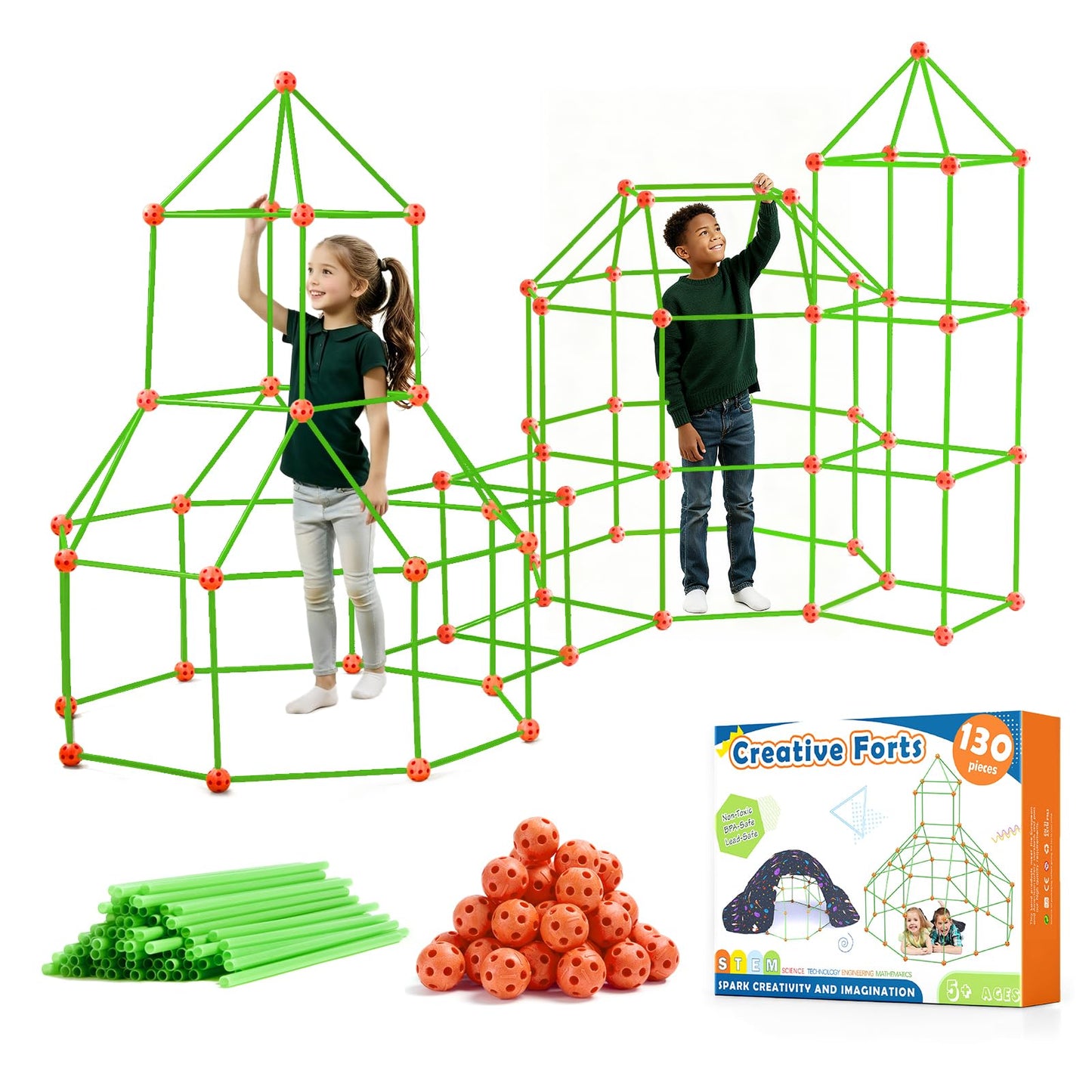 Tiny Land Fort Building Kit Creative Fort Indoor Outdoor for 5-12 Years Old Boys and Girls STEM Building Toys with Storage Bag DIY Castles Tunnels with 86 Rods and 44 Balls