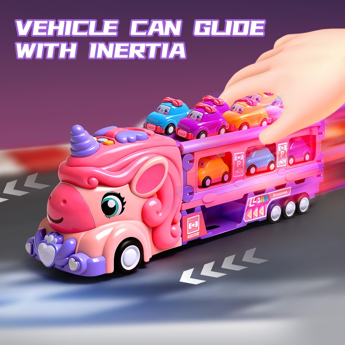 Unicorn Car Toys for Age 3 4 5 6 Year Old Toddler Girl, Foldable Track & 2 Player Race Mode Game, Light & Sound Push Transport Carrier Truck W/ 9 Princess Toy Cars, Birthday Gift for Girls Age 4-6