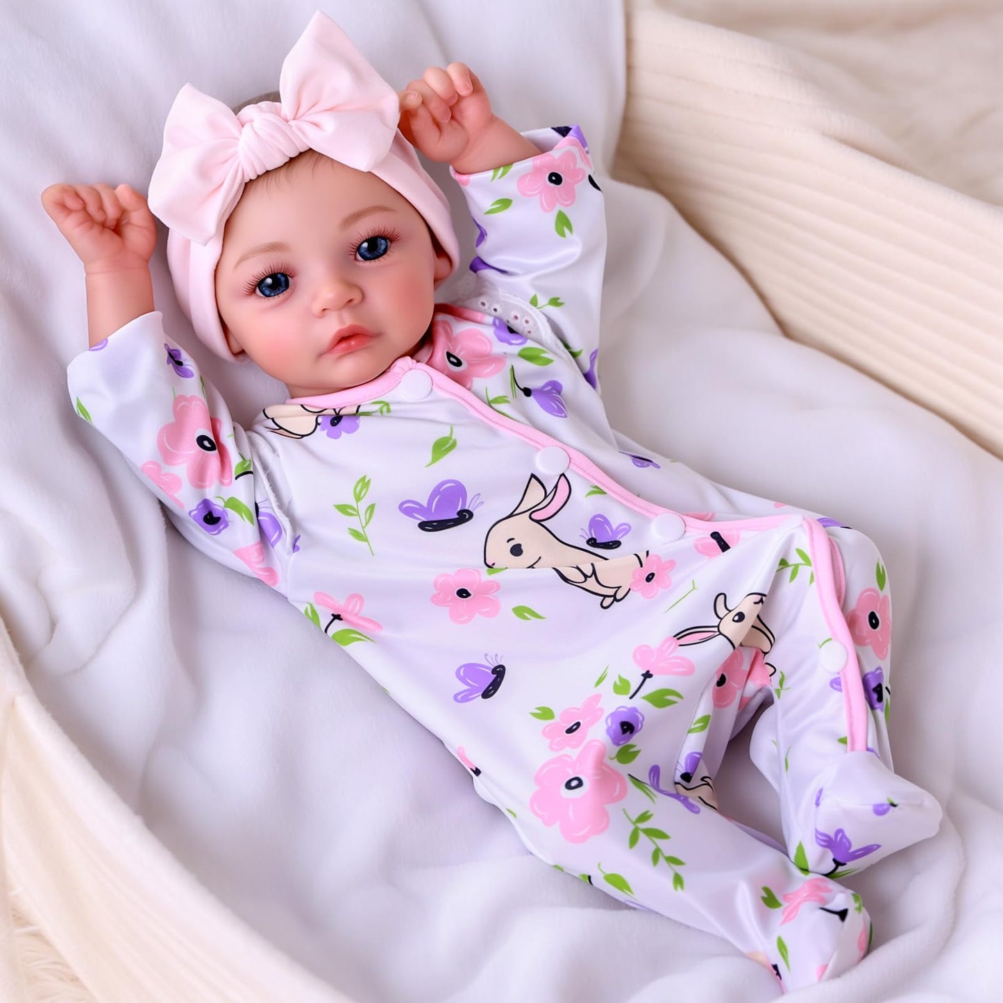 BABESIDE 18-Inch Reborn Baby Doll Girl – Realistic Lifelike Bebe Reborn de Silicona with Bunny Outfit, Magnetic Pacifier, Bottle, Diaper & Birth Certificate, Real Life Baby Dolls Gift for Kids Ages 3+