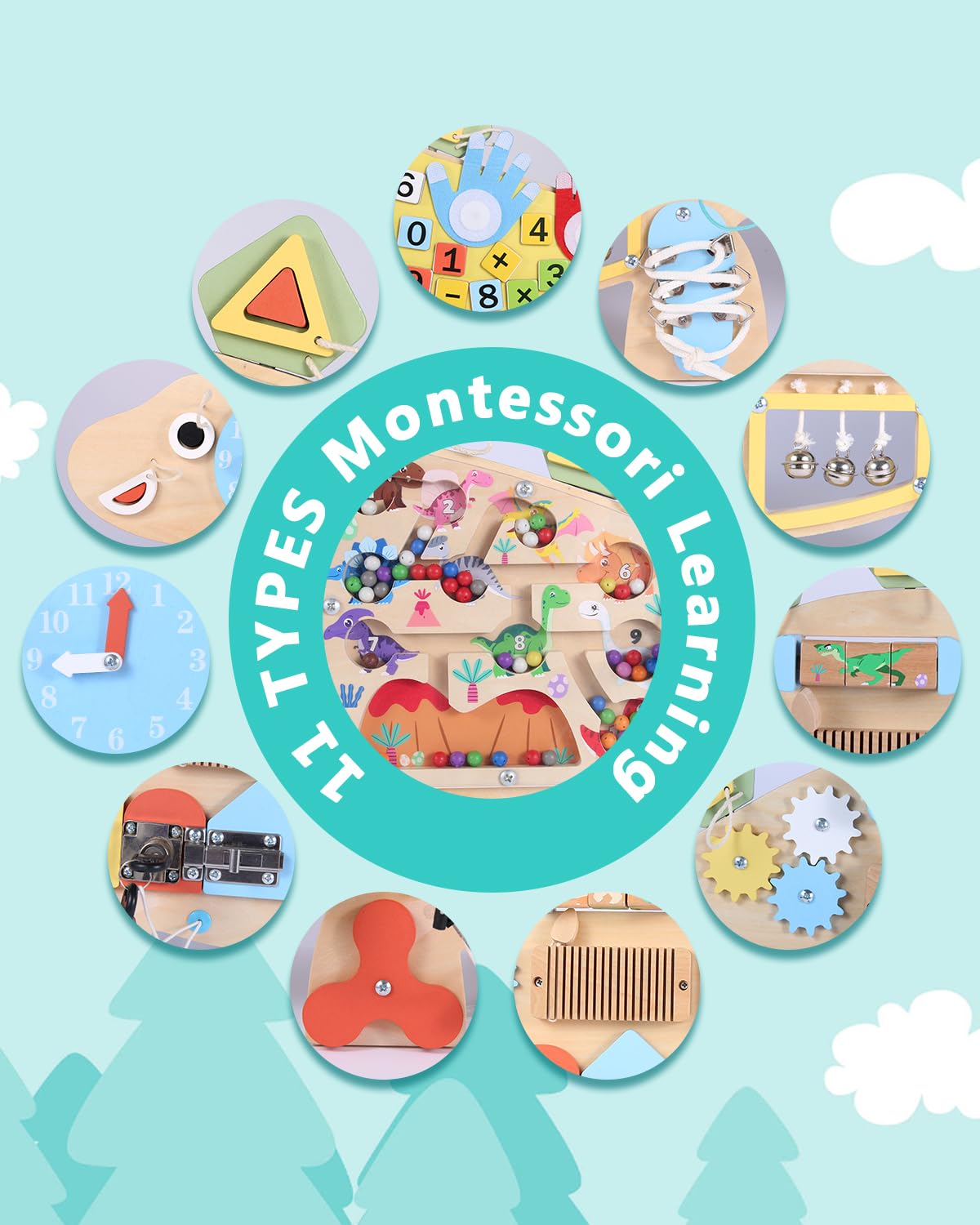 Dinosaur Activity Wall Busy Board - 11-in-1 Foldable Wooden Montessori Sensory Panel for Kids 3-7, Wall Mounted Toddler Learning Activity Center for Playroom Classroom Daycare, Autism Sensory Toy