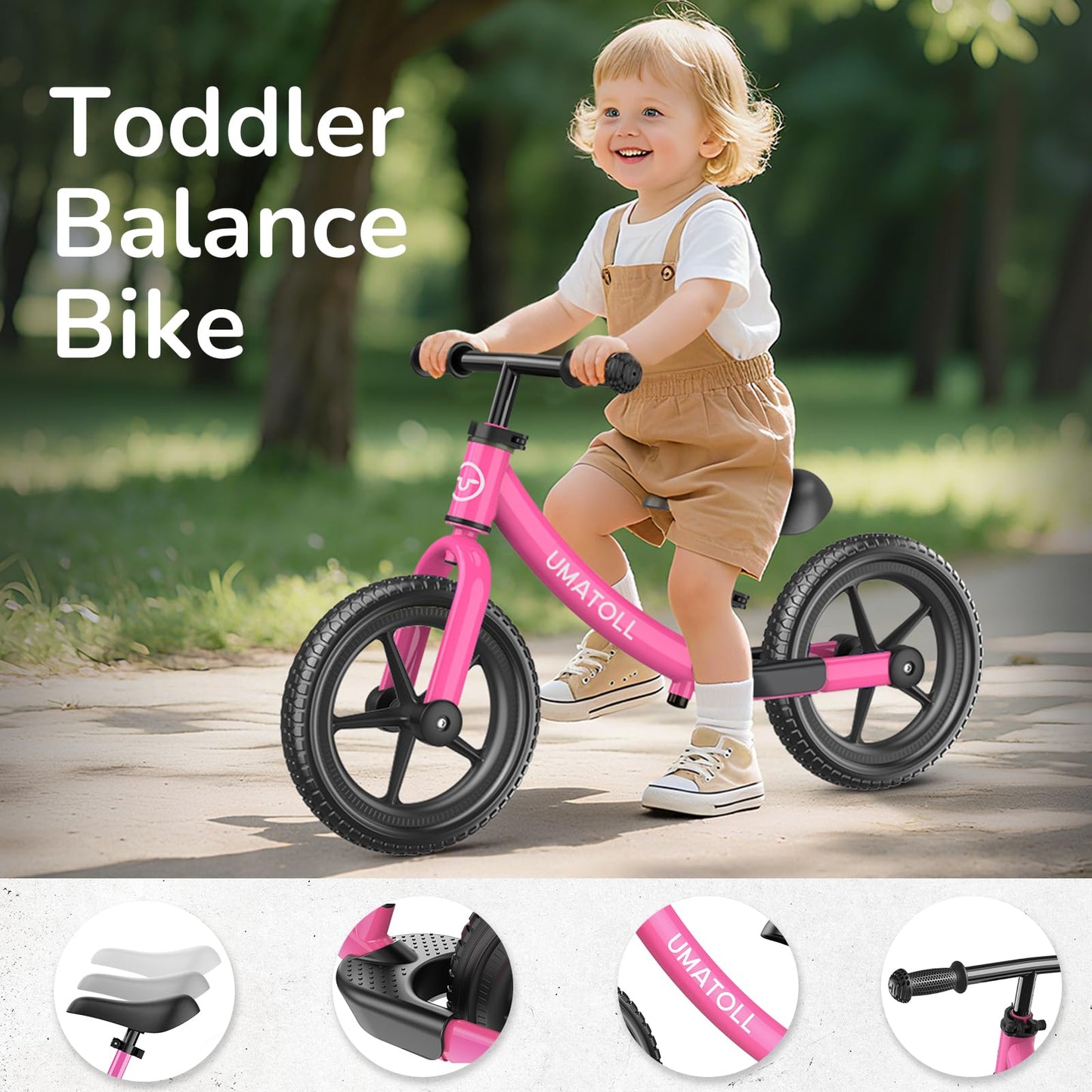 Umatoll Toddler Balance Bike 2 Year Old, Kids Bike Toy for 18 Months to 5 Years Old, Tool-Free Adjustment, Birthday Gifts for 2-3 Boys Girls, No Pedal (Rose Pink)