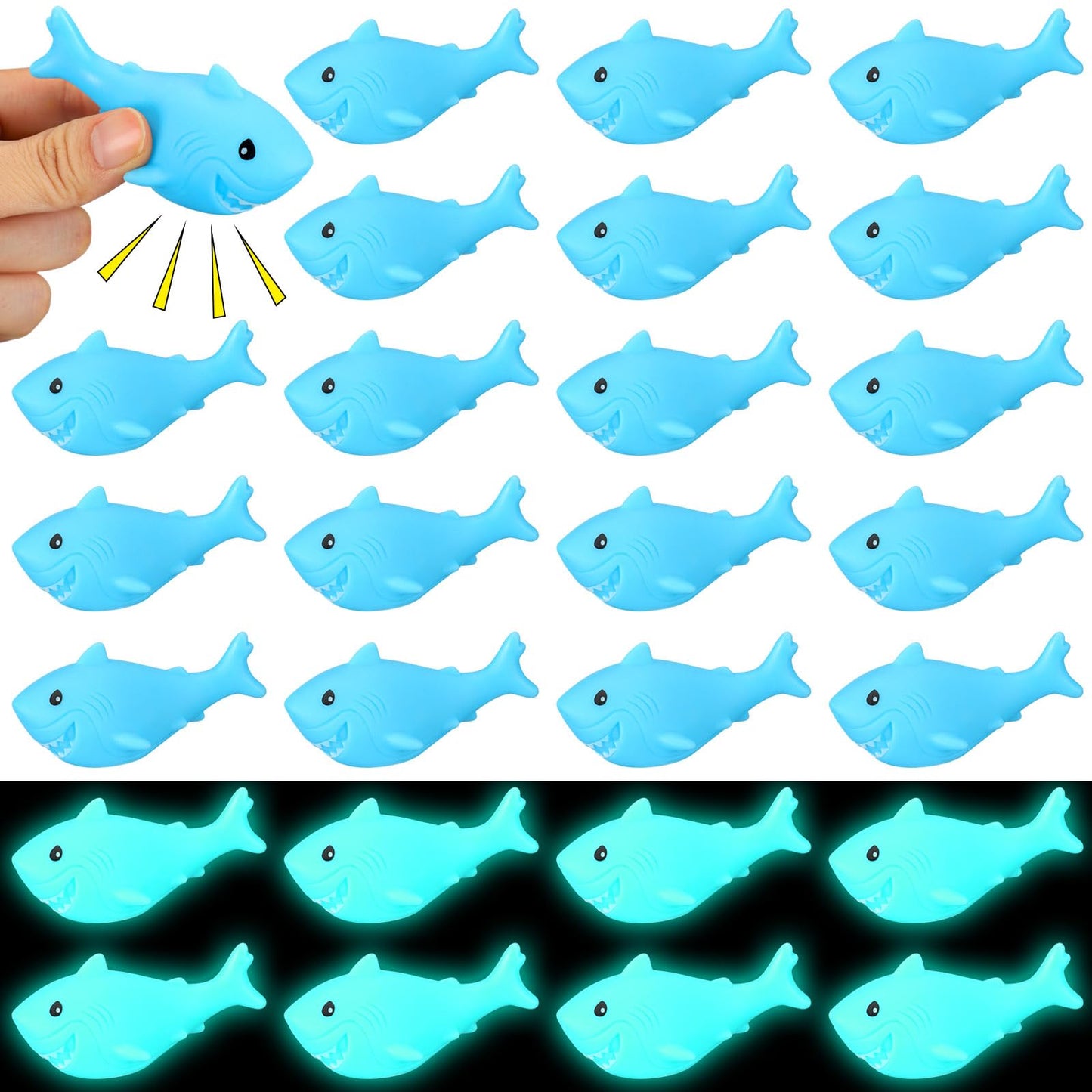 Shappy 30 Pcs Rubber Sharks Luminous Blue Squeezable Bath Toys Floating Cute Squeak Shark Favors Safe for Classroom Carnival Prizes Birthday Tub Party Ornament Pool Fillers