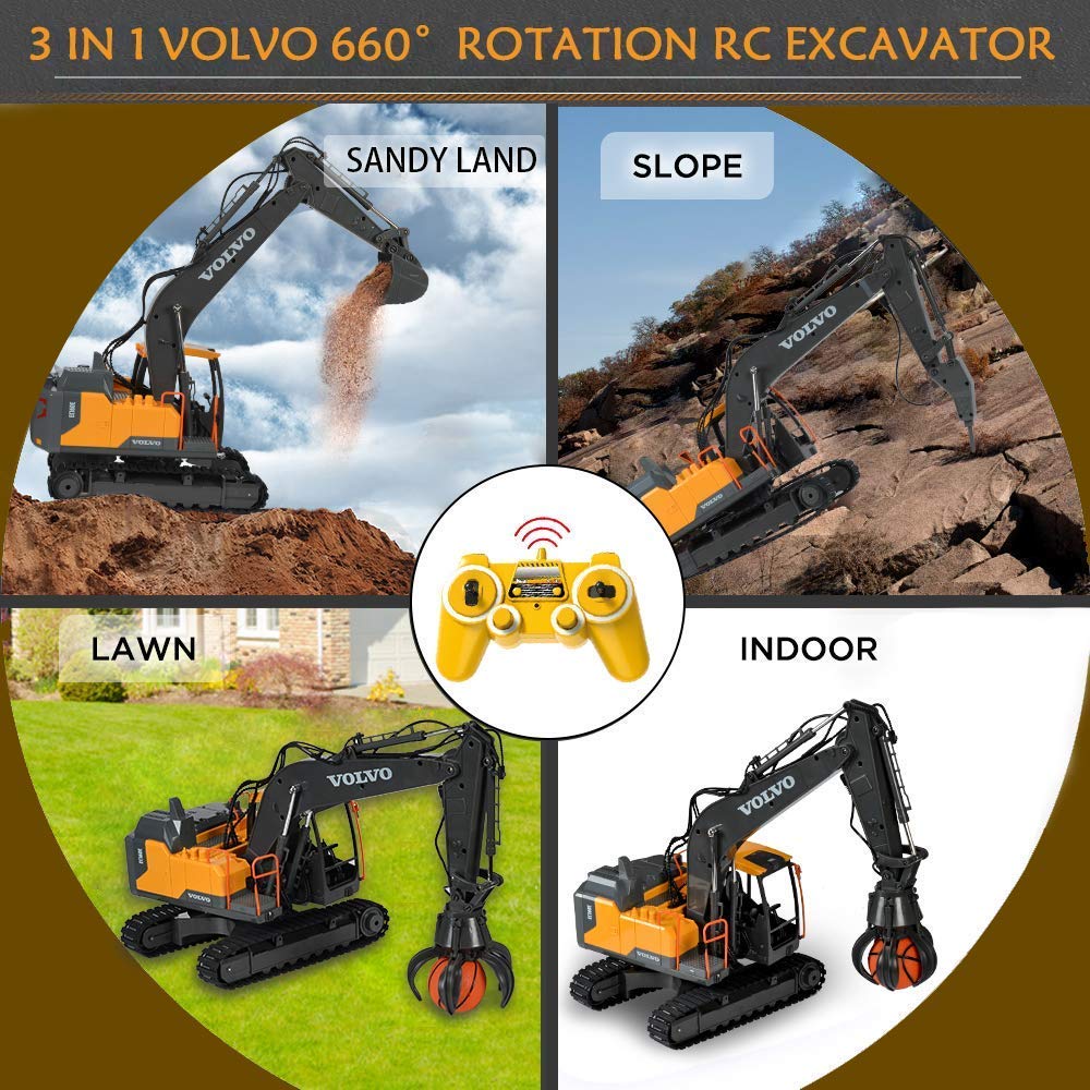 Double E Volvo 1:16 Scale Remote Control Excavator, 17 Channel 3-in-1 Construction Toy with Metal Shovel, Drill, Grab & Lights, 2.4GHz Full Function Digger for Outdoor Sandbox, Gift for Kids & Adults