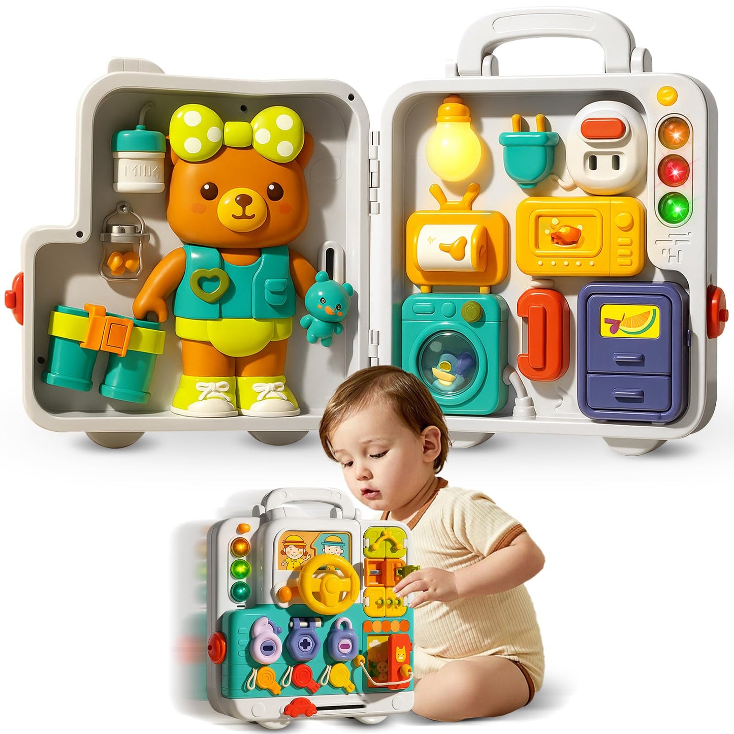 ROHSCE Montessori Busy Board for Toddlers 1-3, Baby Educational Activity Board with Lights & Music, Sensory Toys for Fine Motor Skills, Travel Toys for Airplane Cars, Gift for Boys Girls
