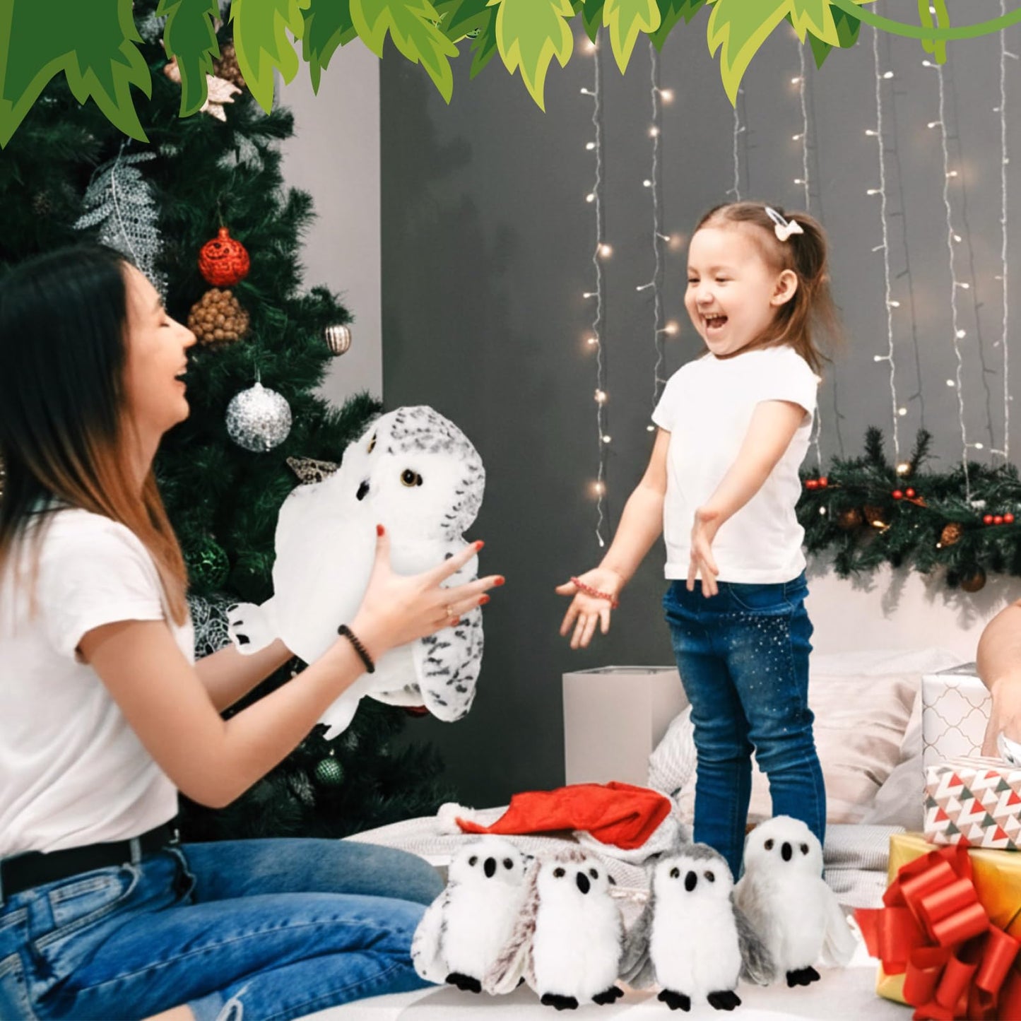 Hollowfly 5 Pcs Snowy Owls Plush Toy Gift Set 12.6" Mom Owls with 4 Cute Babies Stuffed Animal in Zippered Back Nurturing Plushes Toy Set for Kid Adults Birthday Party Favors Gifts