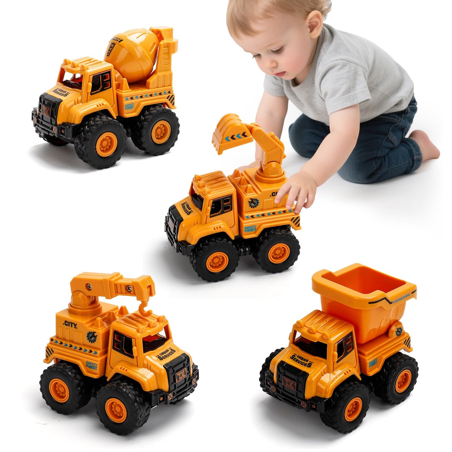 Lovinkiki Construction Truck Toys for Toddlers 1-3, Push and Go Toy Vehicles Set with Mixer, Dump Truck, Excavator, Bulldozer, Friction Powered Cars for Boys and Girls, Gift for 2 3 4 5 Year Old Kids