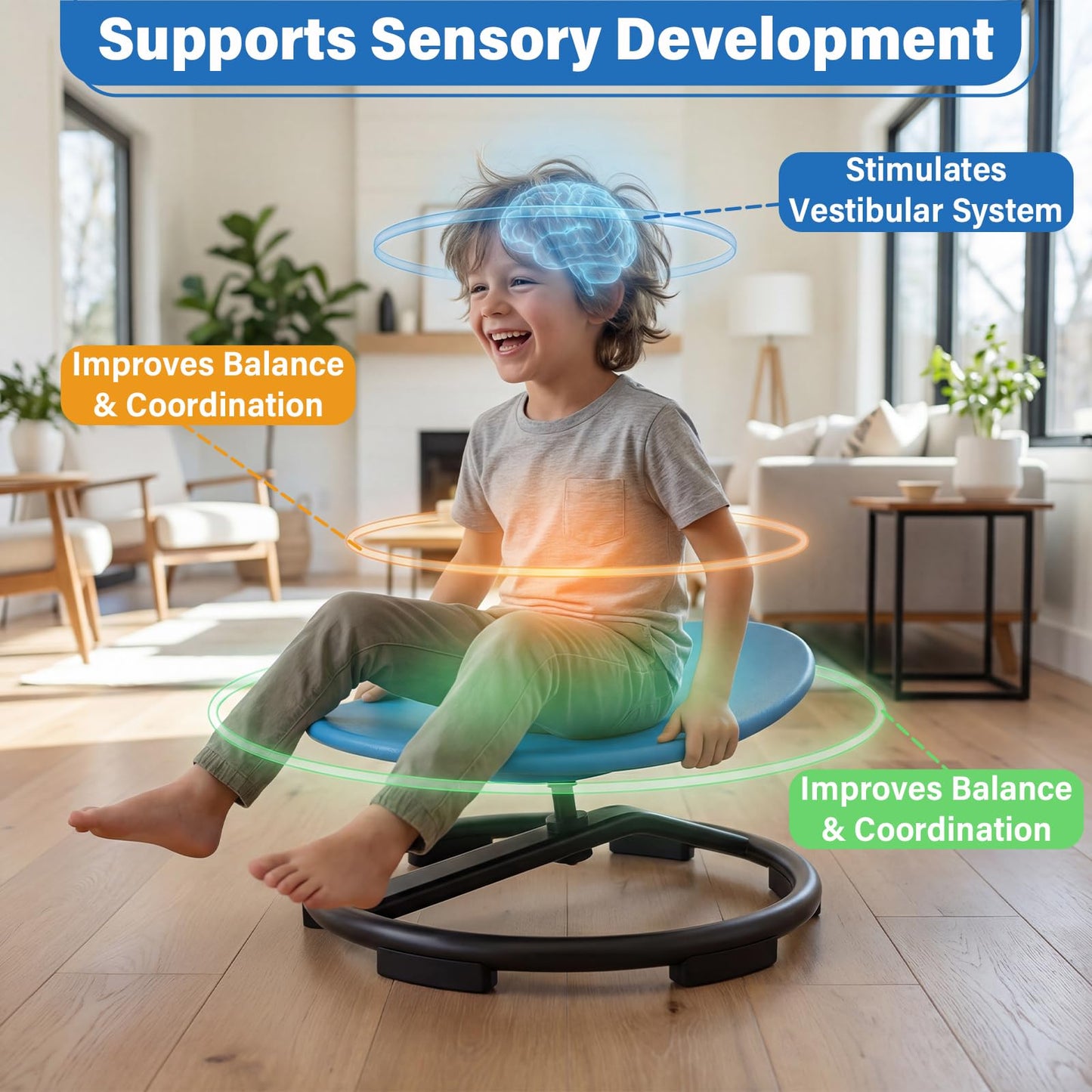 Bellunion Spinning Chair for Autistic Kids, Sensory Swivel Chair with 360° Rotation, 220LBS Capacity, Non-Slip Base, Sit and Spin Toy for Children with ADHD, Balance and Coordination (Blue)