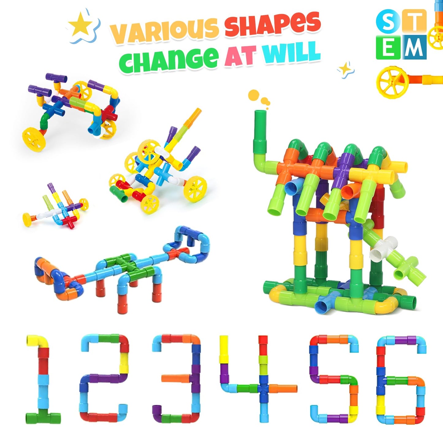 Ggiibro STEM Building Toy for Toddlers 106Pieces Tube Pipe Toy,Educational Preschool Game for 3+ Years,Learning Building Blocks Play with Storage Box Gift Kit,Montessori Toys for Boys & Girls