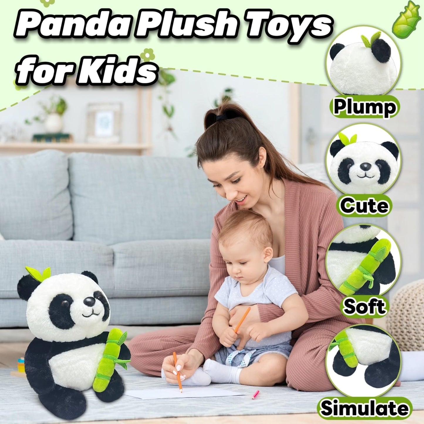 LoYuSenn Cute Panda Stuffed Animal Plush Toys, 10" Kawaii Plushies for Girls ＆ Boys, Soft Panda Stuffed Animal Holding Bamboo, Plush Toys for Baby and Kid Birthday Gifts, Party Favors
