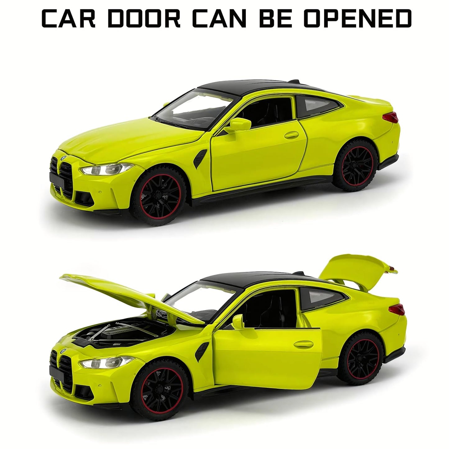 1/32 M4 Diecast Model Car, 6.3'', 4 Doors, Hood & Trunk Openable, Collectible Vehicle, Pull Back Toy Car with Sound & Light, Ideal Gift for Boys & Girls