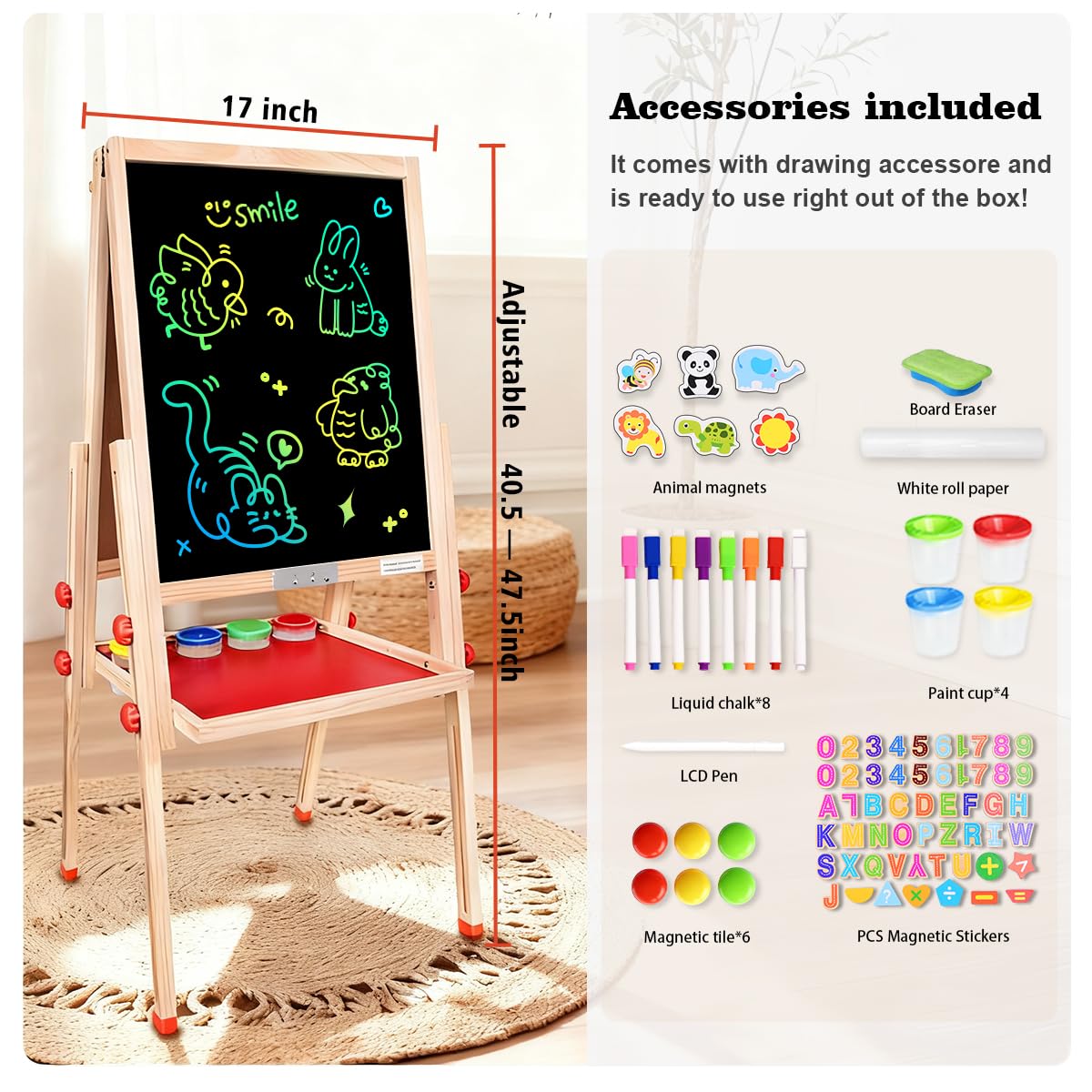 JOYOOSS LCD Easel for Kids Ages 4-8 Easels for Toddlers Art Kids Easel Ages 8-12 Light Up Wooden Drawing Easels Magnetic White Board with Paper Roll for Kid LCD Dry Erase Board
