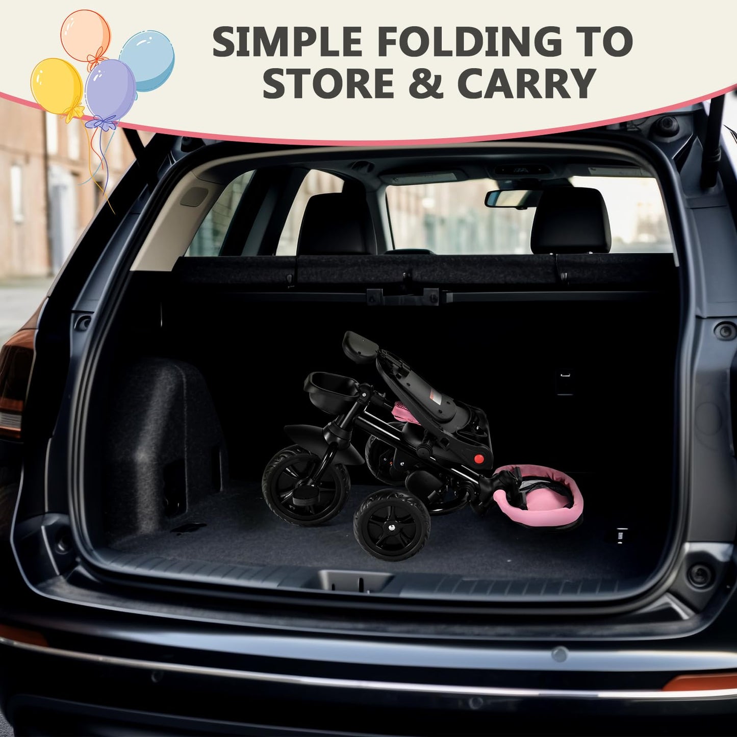 Kinder King Kids Tricycle, 7 in 1 Folding Toddler Trike w/Adjustable Push Handle, Rotatable Seat, Adjustable Canopy, Safety Harness, Storage, Toddler Bike for Age 6 Months+,Pink