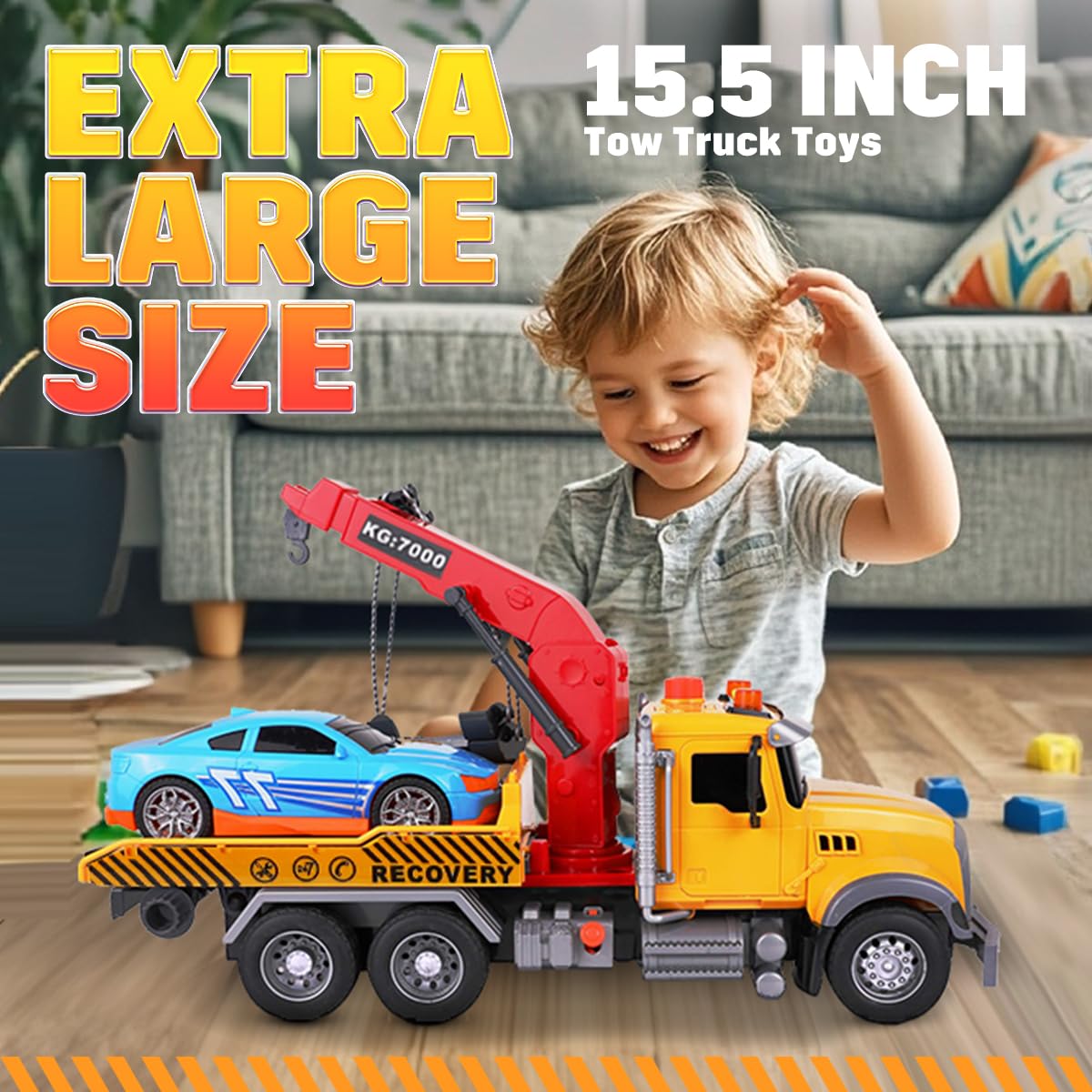 MAJCL 15" Large Tow Truck Toy,Friction Powered Transport Truck Crane Toy with Lights and Sounds,with Roadster,Kids Toys for 3 4 5 6 7 Years Old Boys Girls Gifts