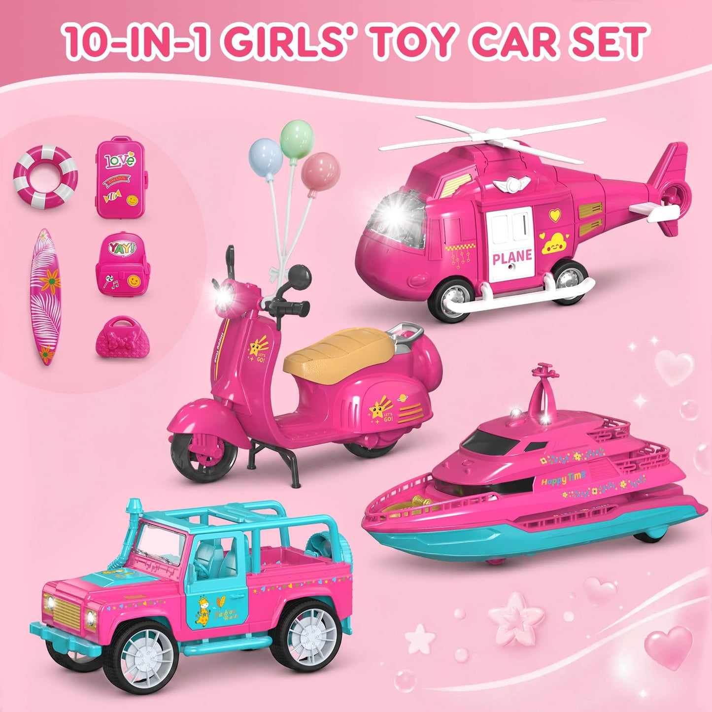 Eviboy 10-in-1 Car Toys Set, Battery-Powered Vehicle Toys with Lights & Sounds, Includes Off-Road Vehicle, Yacht, Motorcycle & Helicopter, Perfect Birthday for Girls Ages 3-6（Pink）