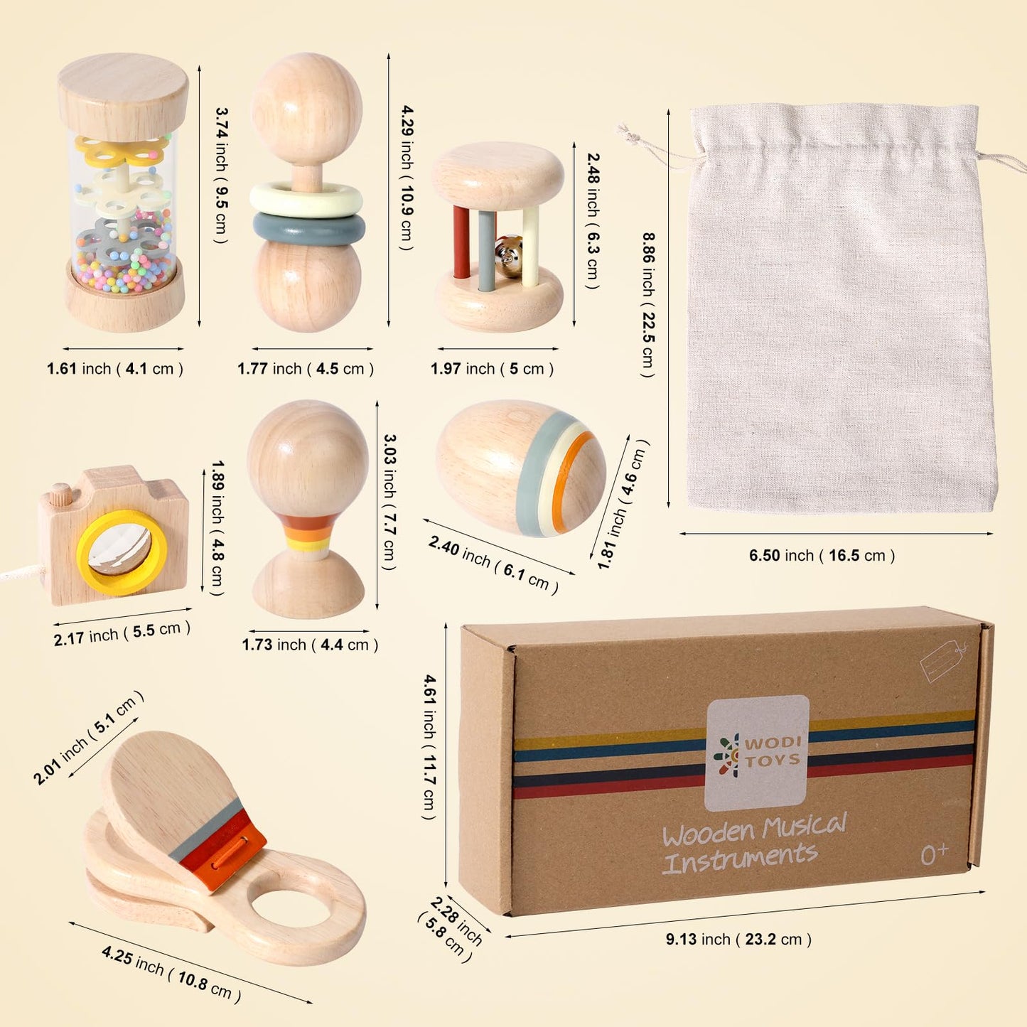WODI Wooden Baby Toy 7pcs, Montessori Toys for Babies 0-3-6-12 Months, Toddler Hand Wooden Rattles Toy Set for Infant Grasping with Storage Bag, Sensory Development, Gift for Baby Boys Girls